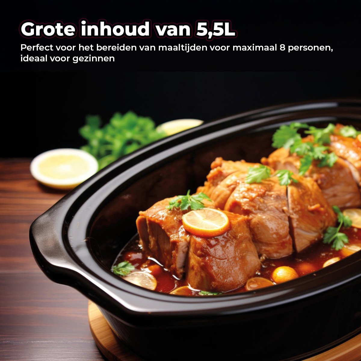 Slow cooker with food inside. Showing cooked meat with sauce and lemon. Text: 'Large capacity of 5.5L'.