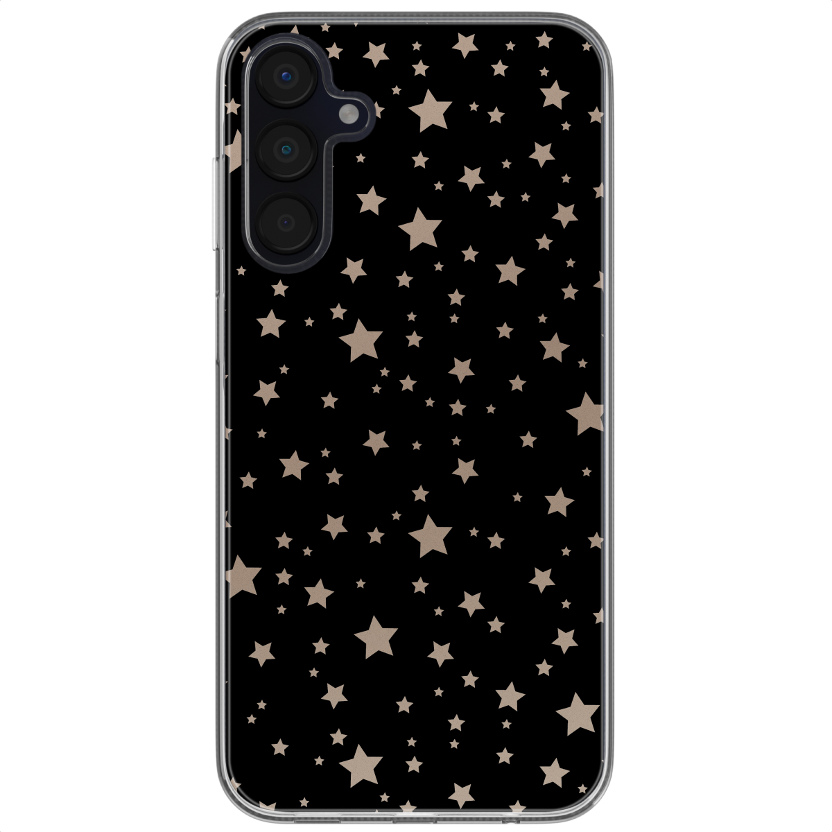 Coque de téléphone avec un fond noir et des étoiles marron éparpillées. La coque est transparente.