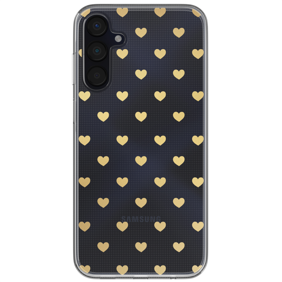 Coque de téléphone Samsung avec des cœurs dorés sur fond noir. Coque transparente.
