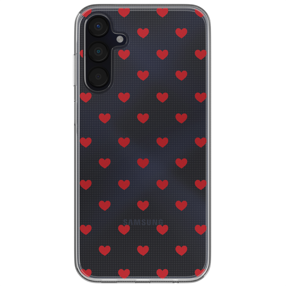 Une coque de téléphone transparente avec des motifs de cœurs rouges sur fond sombre.