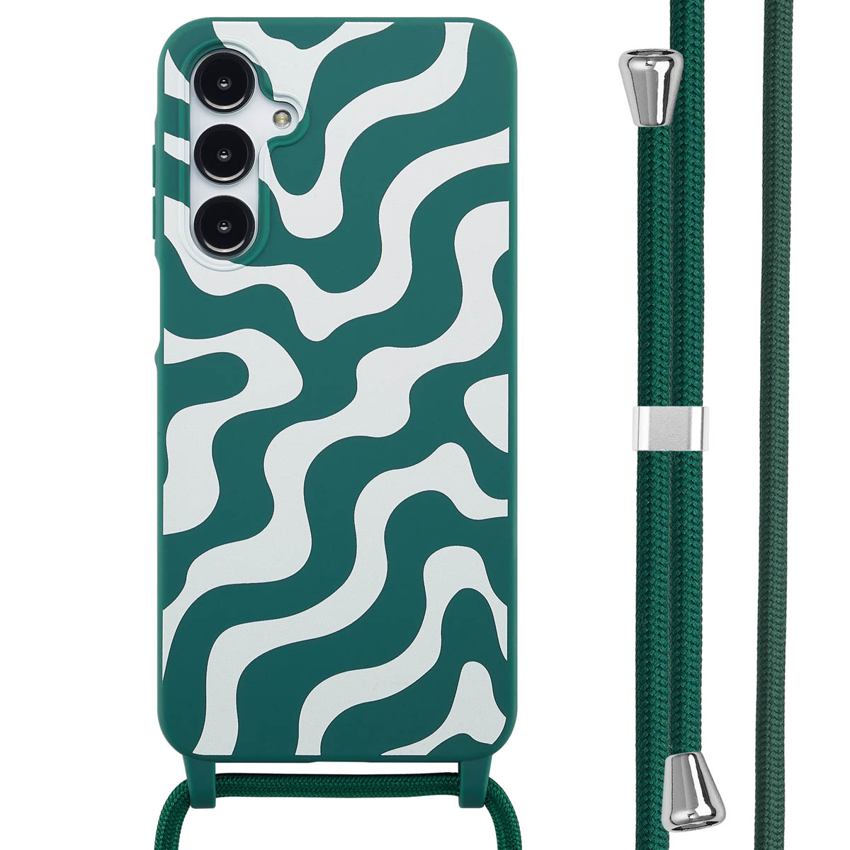 Coque verte avec motif ondulé blanc. Lanière verte attachée. Trois caméras.