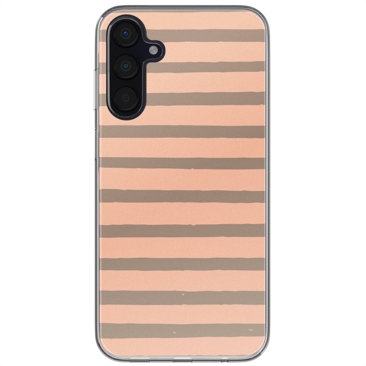 Une coque de téléphone avec un fond pêche et des rayures horizontales grises. La coque a une découpe pour l'appareil photo.
