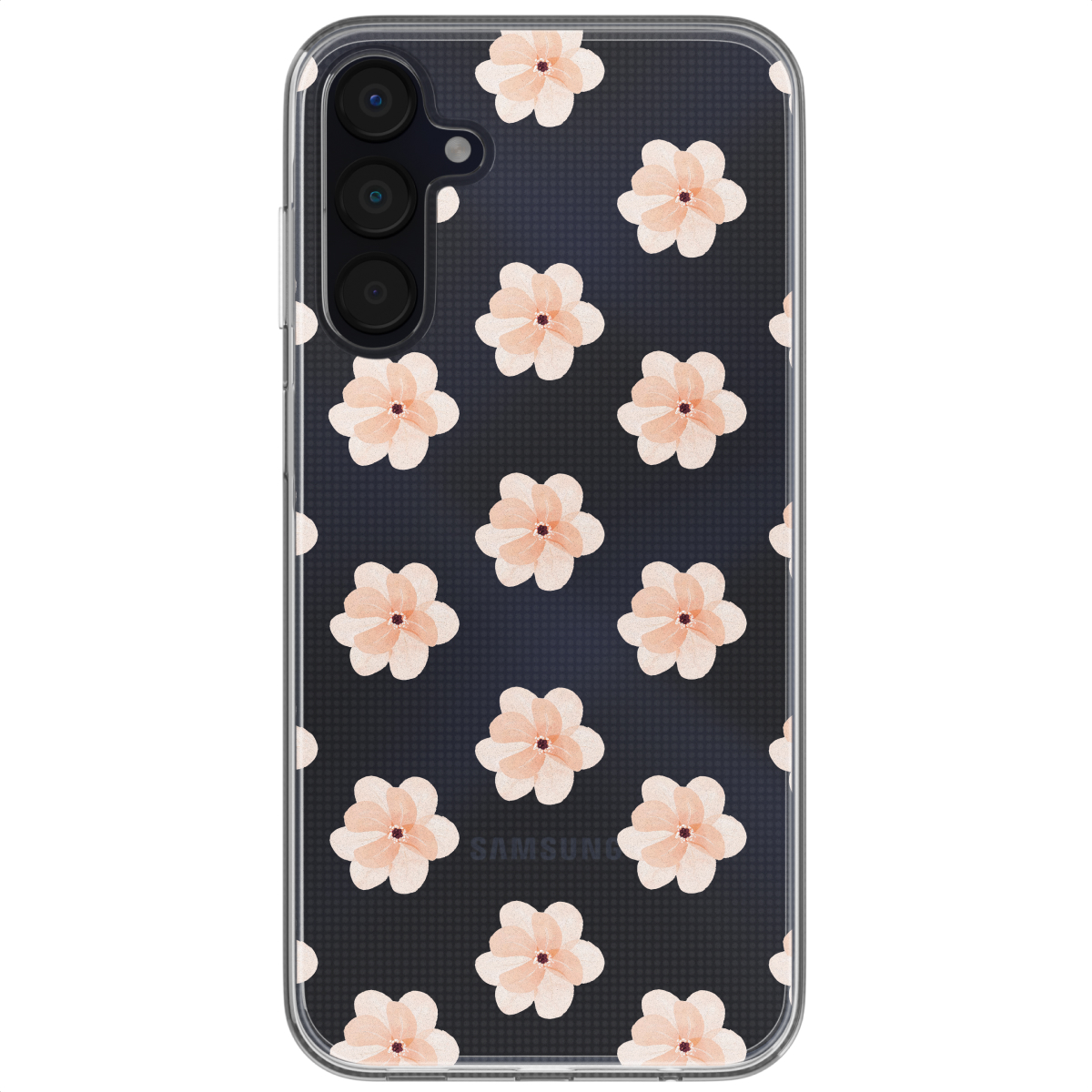 Une coque de téléphone avec un motif floral, des fleurs sur fond sombre.