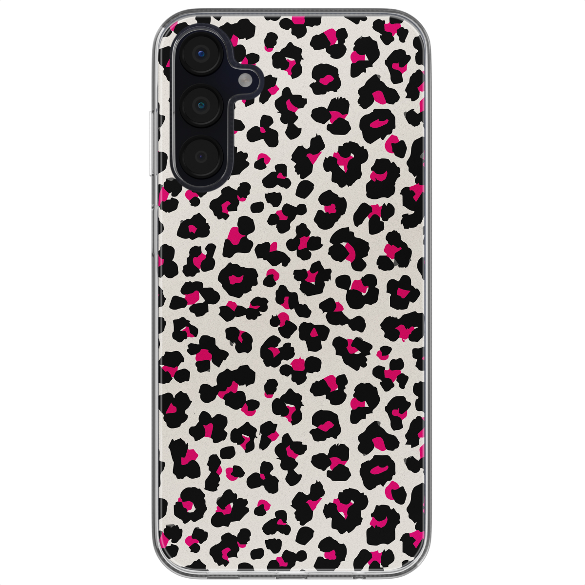 Coque de téléphone avec fond blanc et imprimé léopard à taches noires et roses.