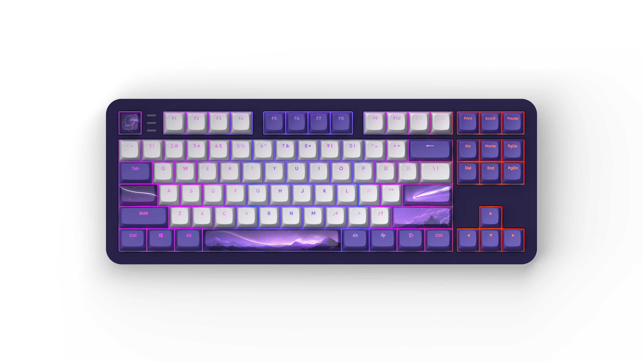 Mechanische Tastatur. Lila und weiße Tasten. Lila und weißes Blitzdesign. Schwarzer Hintergrund.