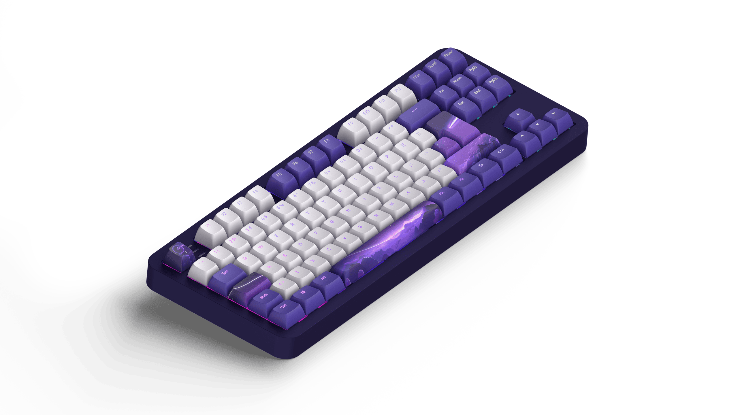 Lila-weiße mechanische Tastatur mit Blitzdesign auf der Leertaste.