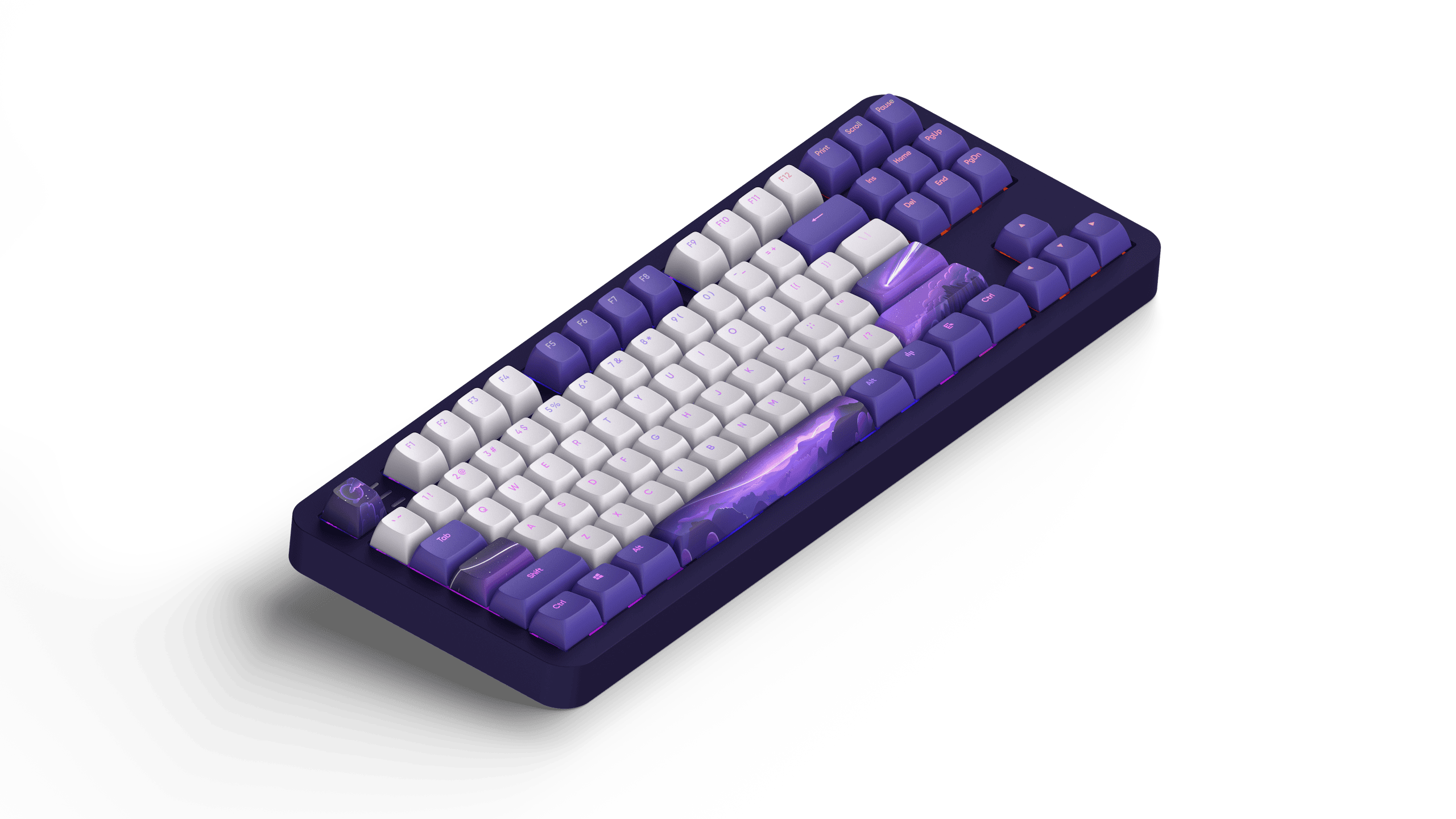 Eine violette Tastatur mit weißen und violetten Tasten. Die Tastatur befindet sich auf einer schwarzen Oberfläche.