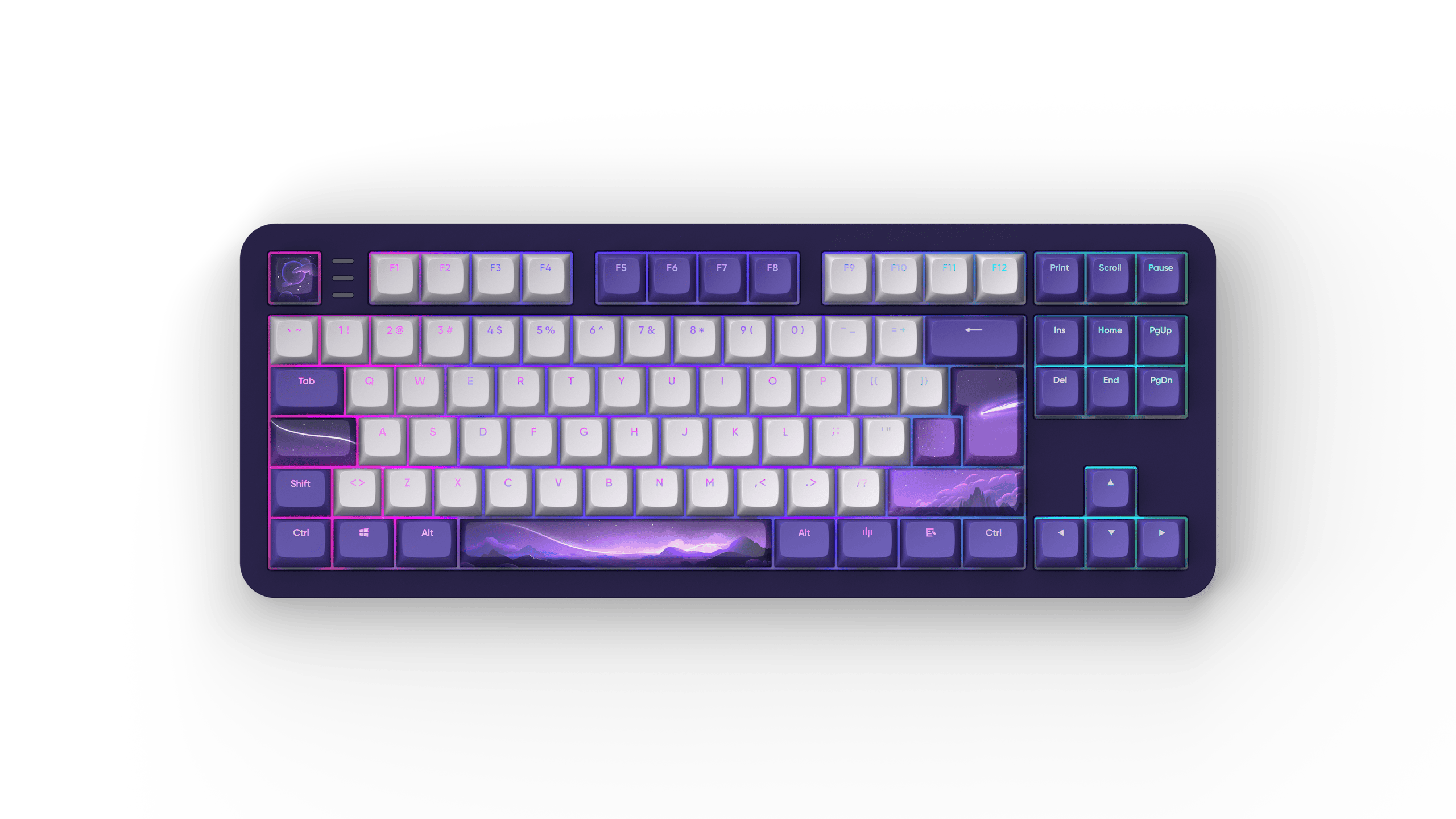 Lila und weiße Tastatur auf schwarzem Hintergrund. Bunte Tasten und Design.