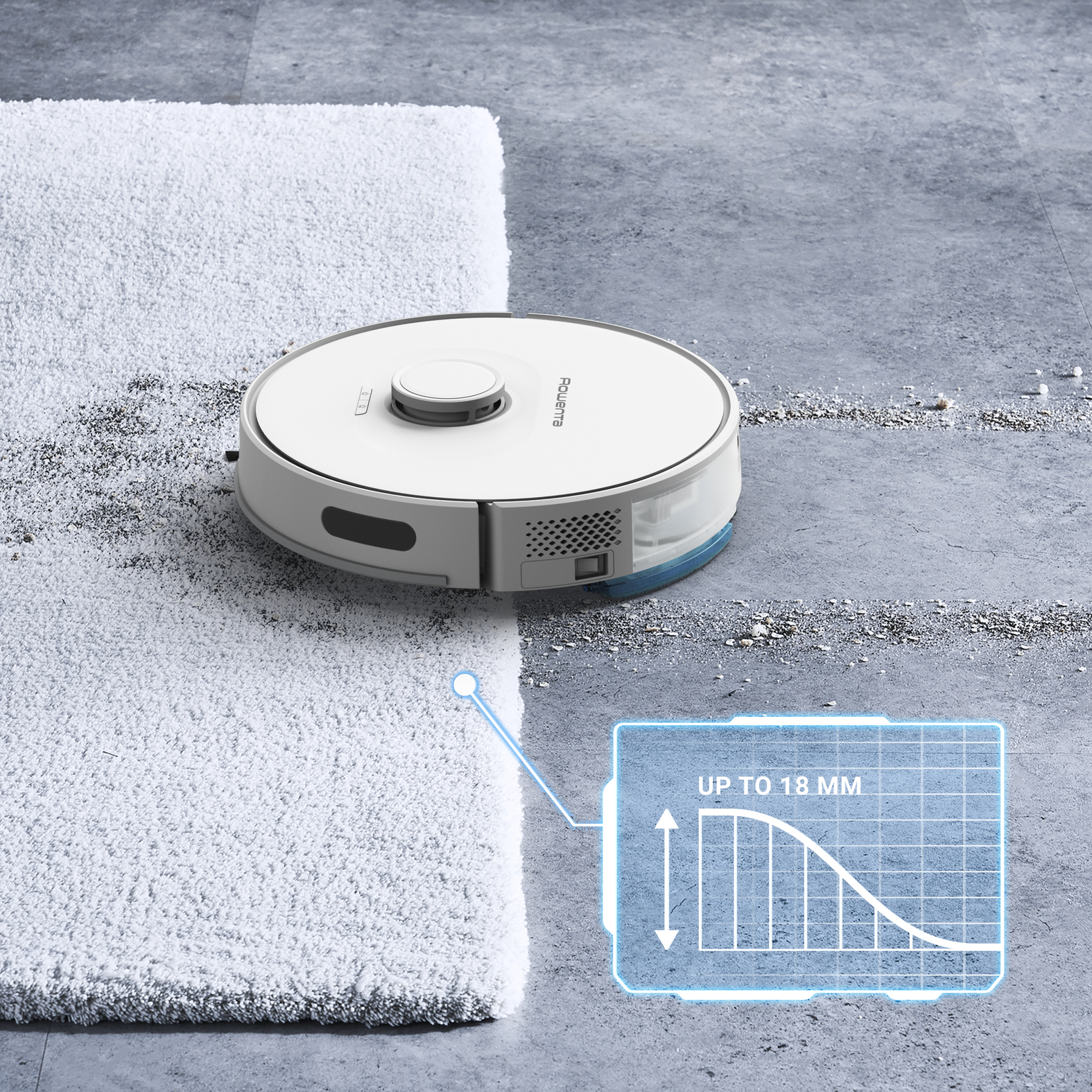 Aspirapolvere robot bianco su pavimento grigio, che pulisce un tappeto bianco. Il diagramma mostra fino a 18 mm.