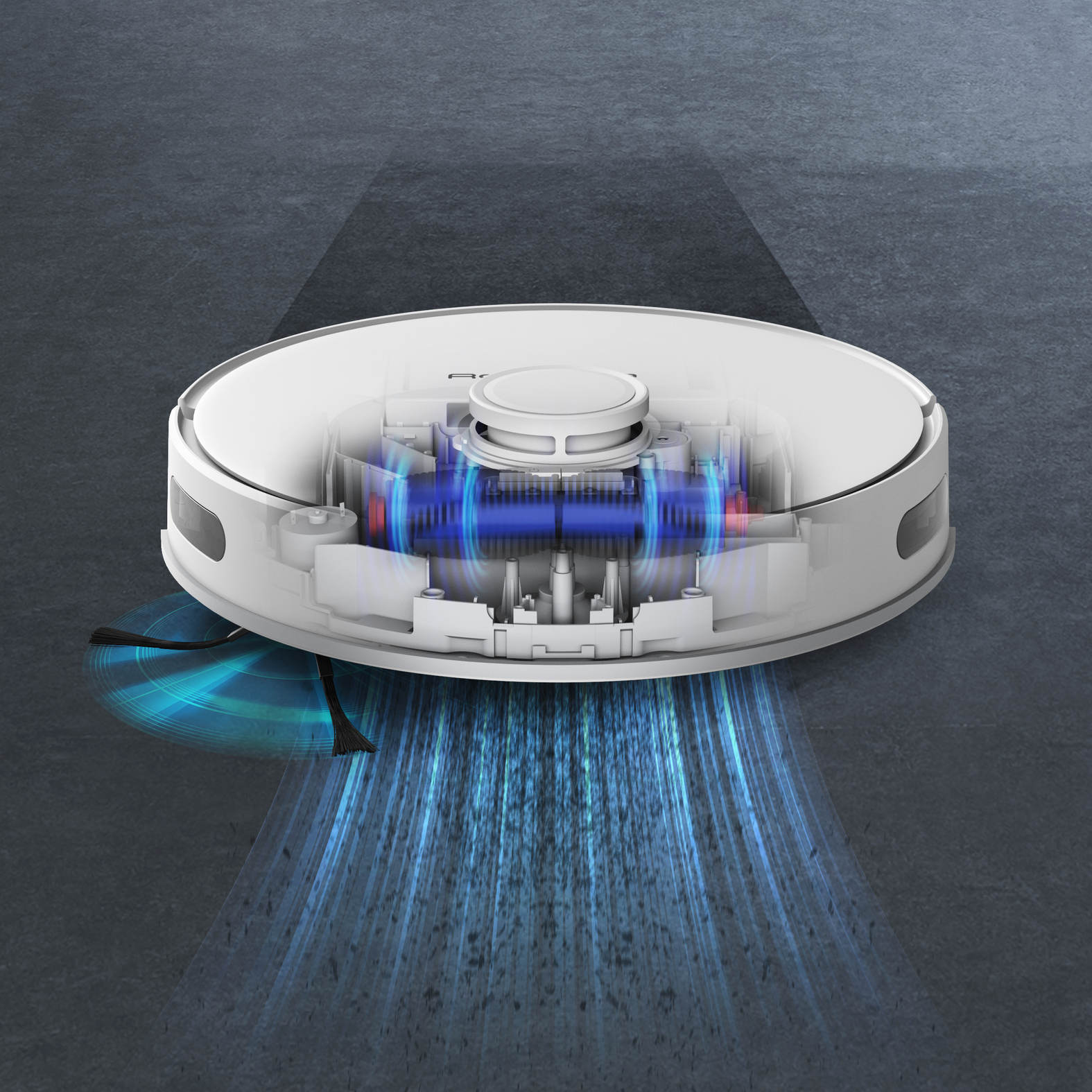 Aspirapolvere robotico con componenti interni visibili ed effetto luce blu su superficie grigia.