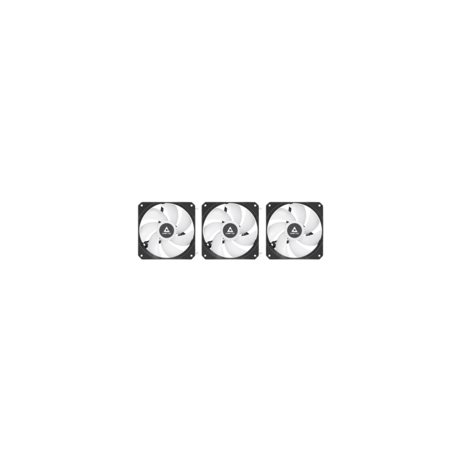 Drie witte computer fans. Zwarte frames. Witte achtergrond.