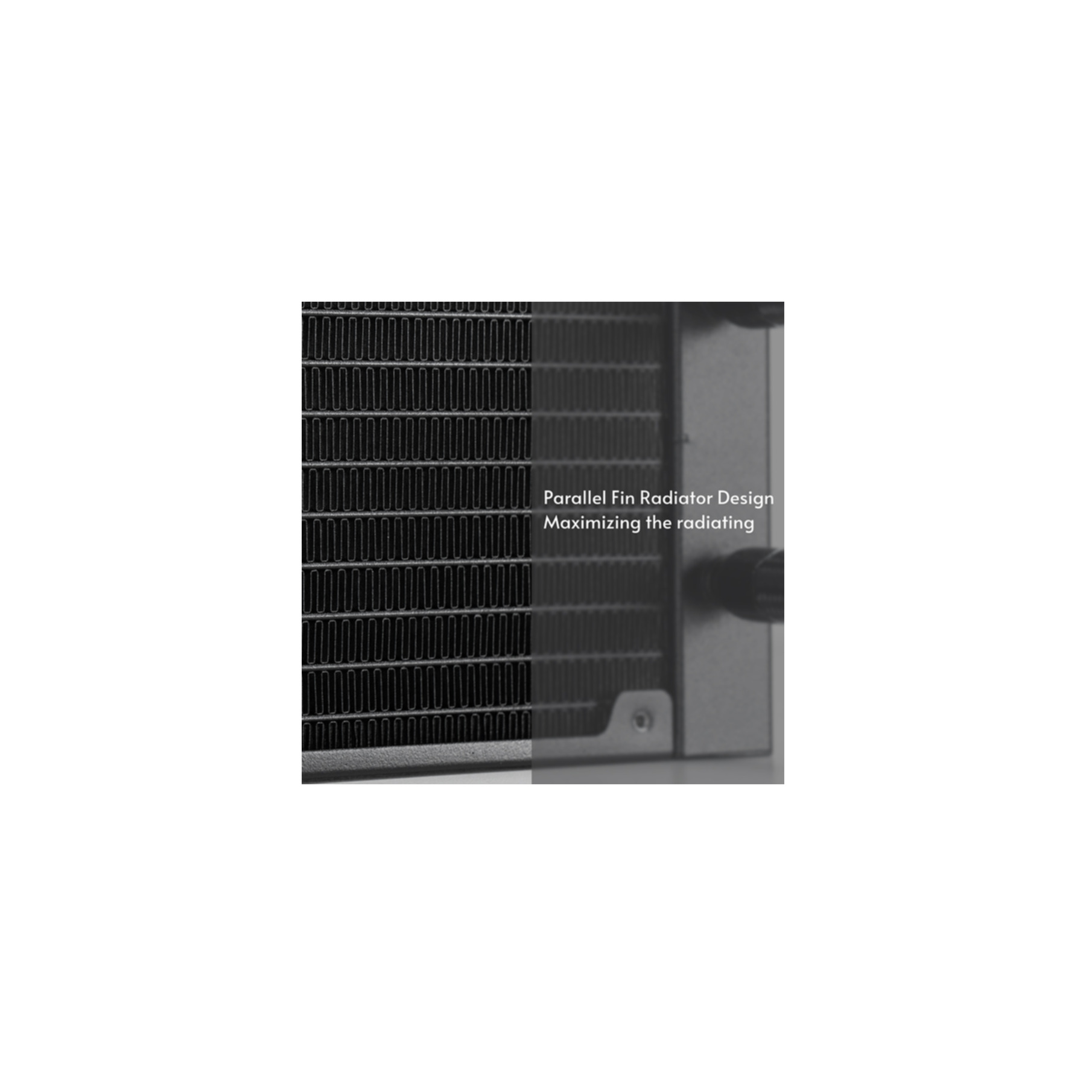 Computerradiator detail, parallel vin-ontwerp. Tekst: 'Parallel Vin Radiator Design'.