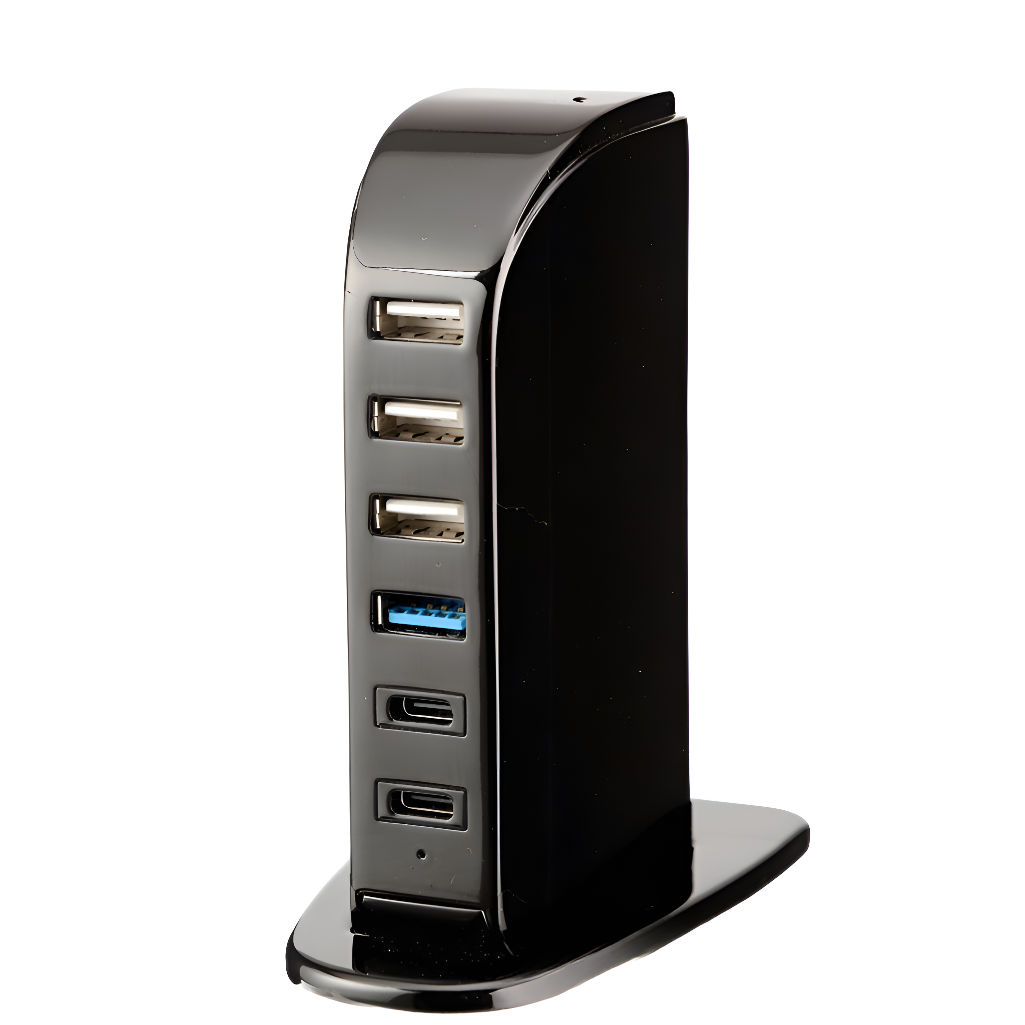 Schwarze USB-Ladestation mit mehreren Anschlüssen und einem Sockel.