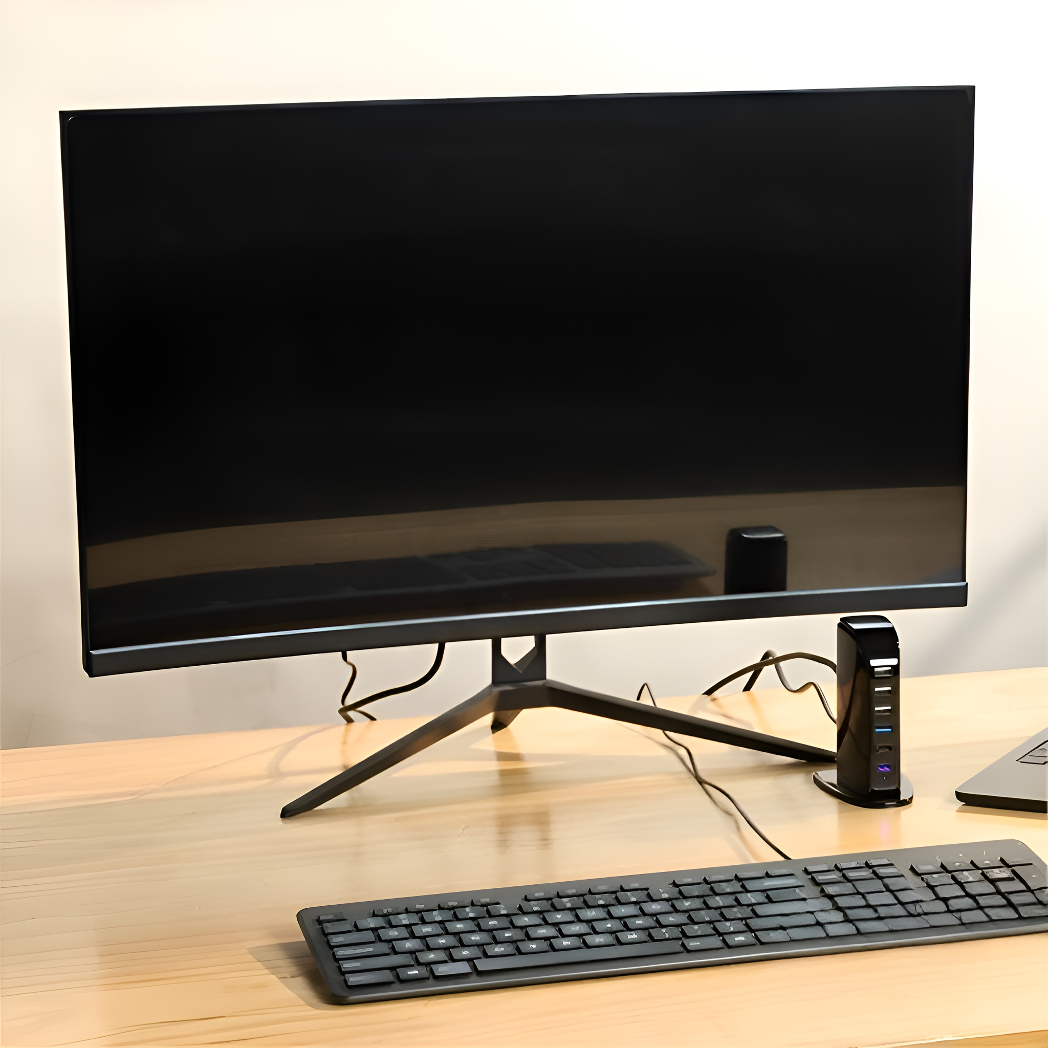 Ein Computer-Setup mit einem großen schwarzen Monitor, einer Tastatur und einem kleinen schwarzen Gerät auf einem Holztisch.