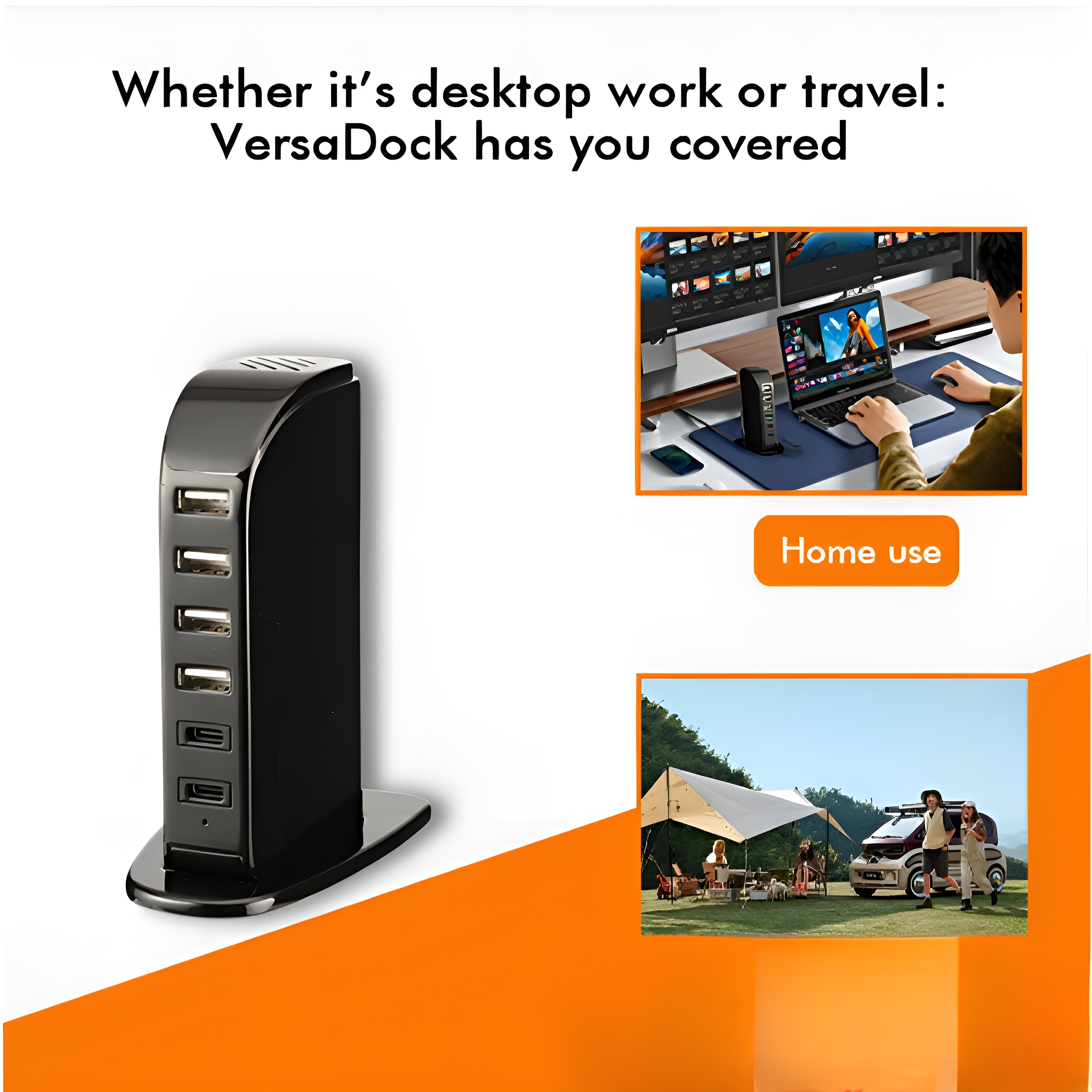 Eine schwarze Ladestation mit USB-Anschlüssen, mit Bildern von Laptop-Setup und Camping, VersaDock-Anwendung.