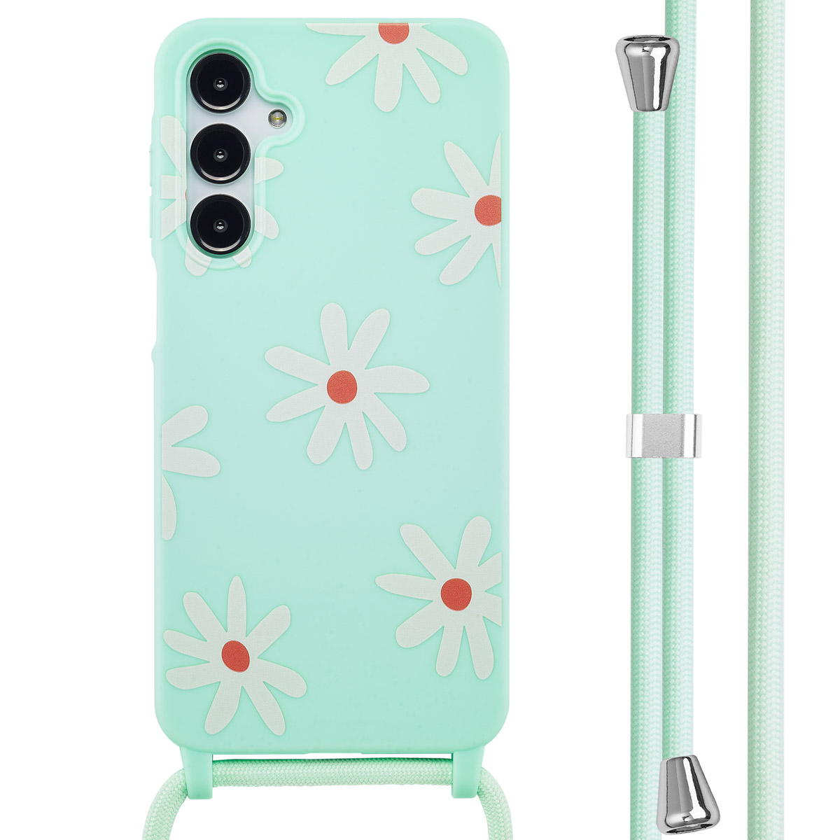 Une coque de téléphone vert clair avec des motifs de marguerites blanches et une lanière assortie.