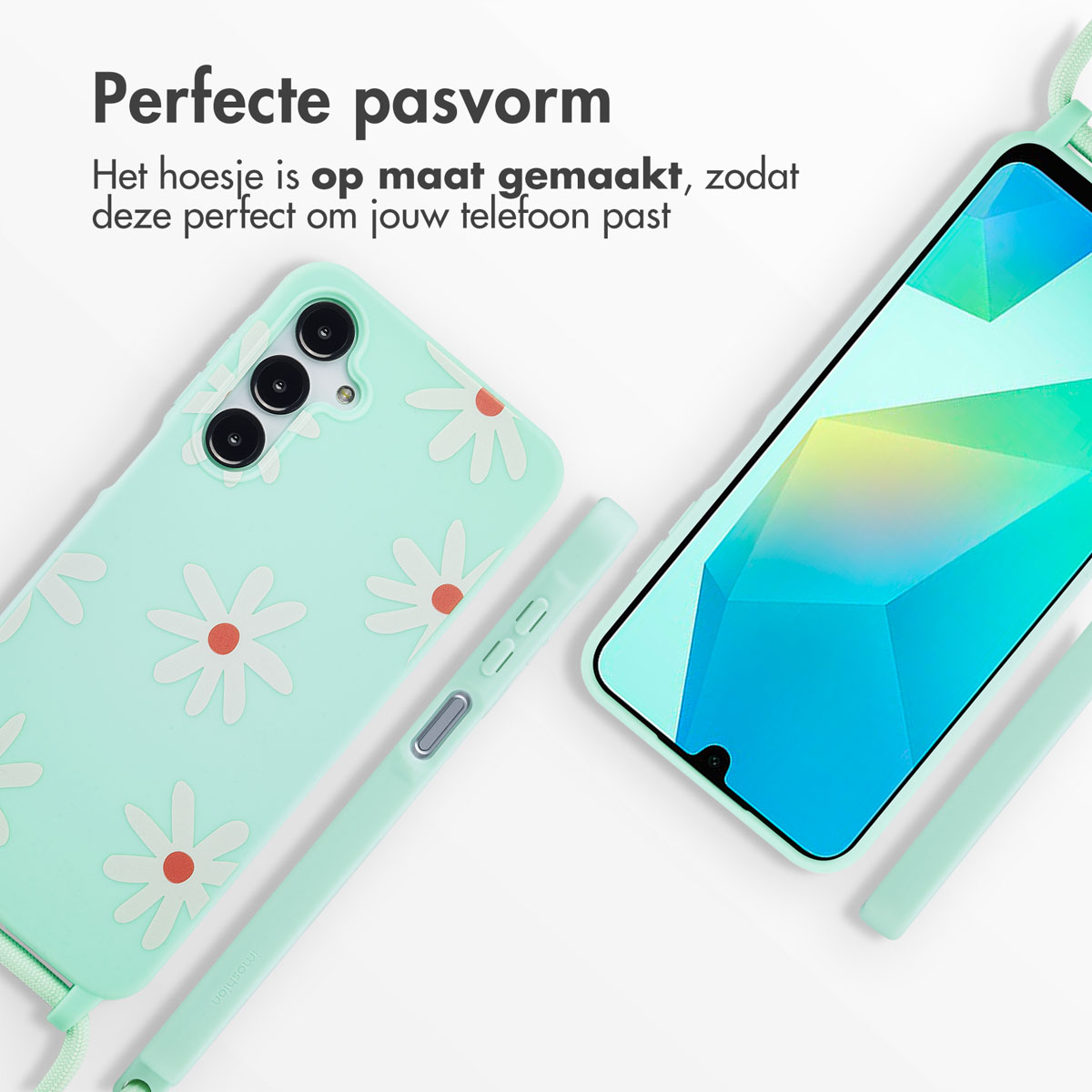 Coque de téléphone avec des marguerites. Coque et lanière vert menthe. Fond blanc.