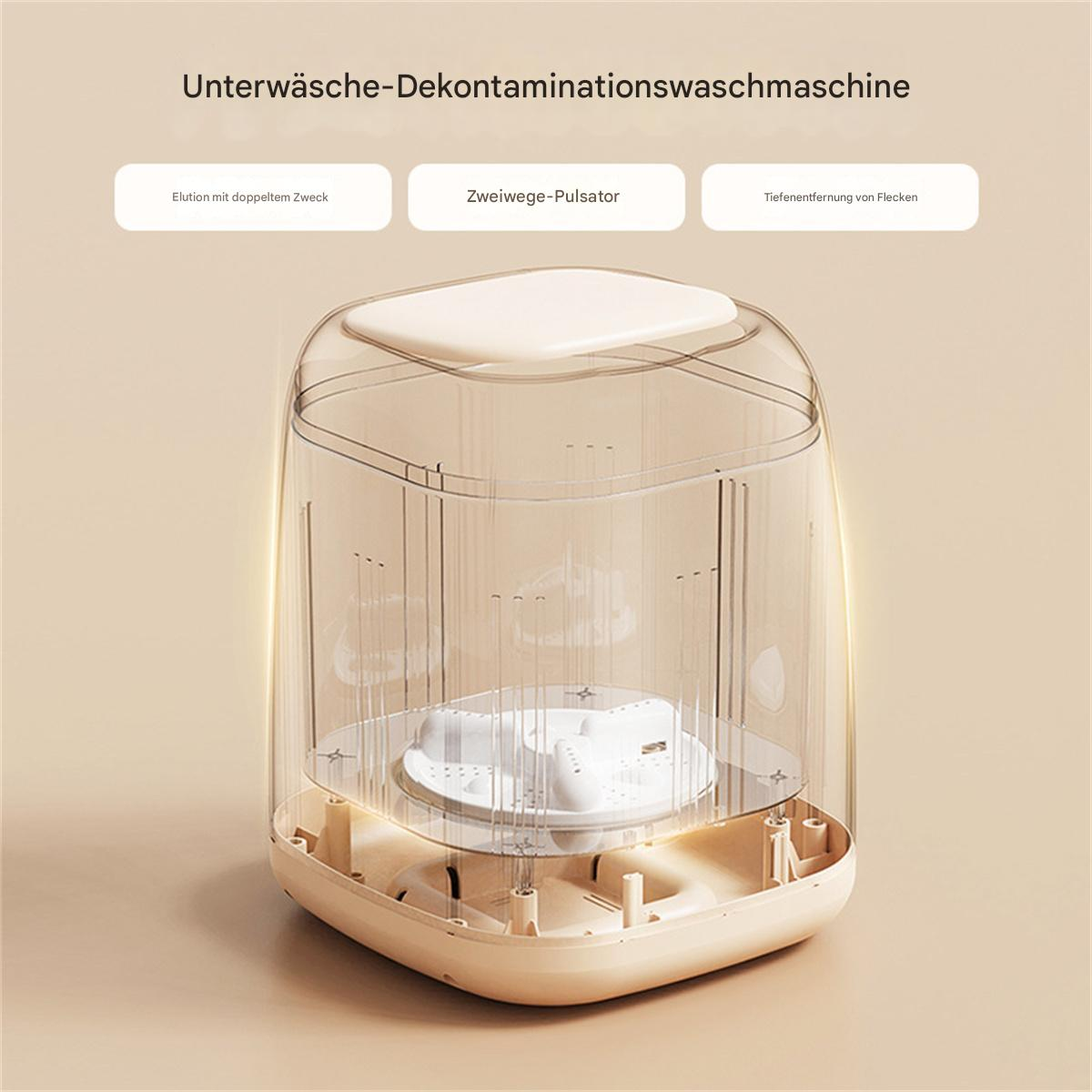 Transparente Waschmaschine mit cremefarbenem Sockel.