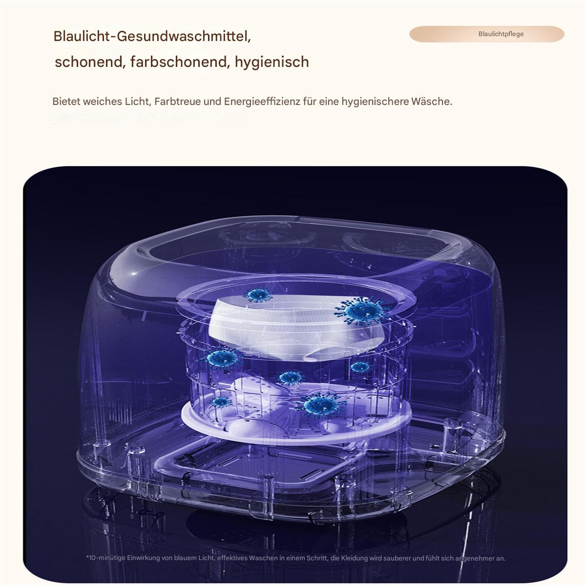 Transparente Waschmaschine mit blauem Licht, wäscht Kleidung. Blaue Keime sind sichtbar.