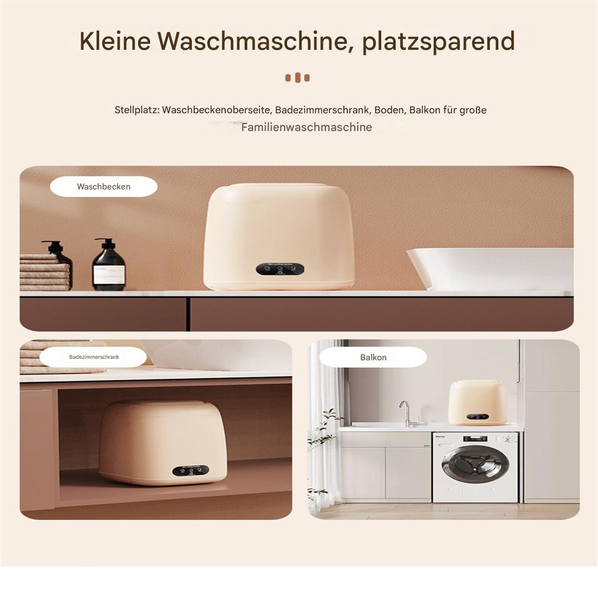 Ein kleines, cremefarbenes Waschmaschinenmodell in drei verschiedenen Einstellungen.
