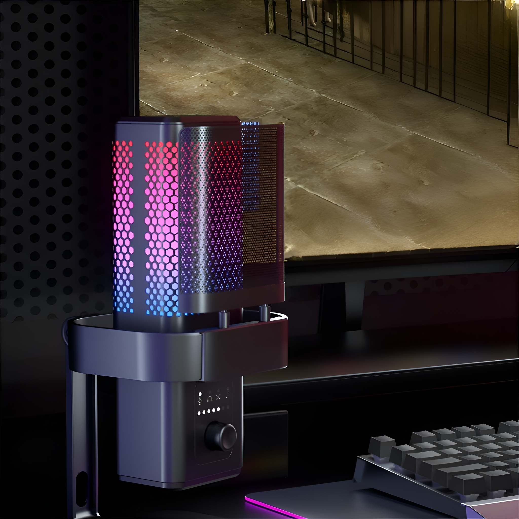 Schwarzes Mikrofon mit LED-Leuchten. Schreibtisch und Tastatur im Hintergrund.