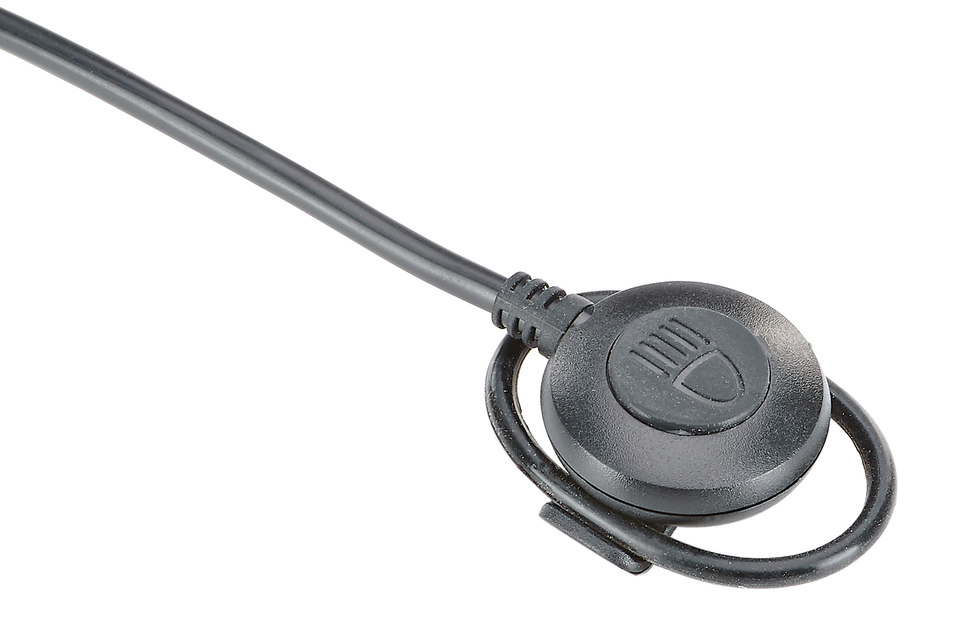 Ein schwarzes Kabel mit einem runden Knopf und einer kleinen Schlaufe am Ende.
