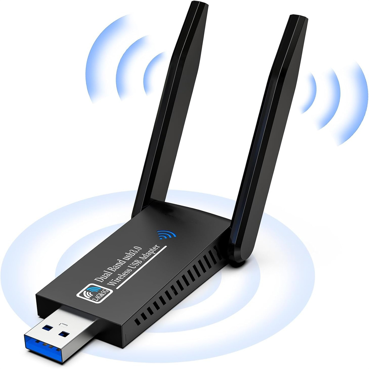Ein schwarzer USB-WLAN-Adapter mit zwei Antennen, der blaue WLAN-Wellen aussendet.