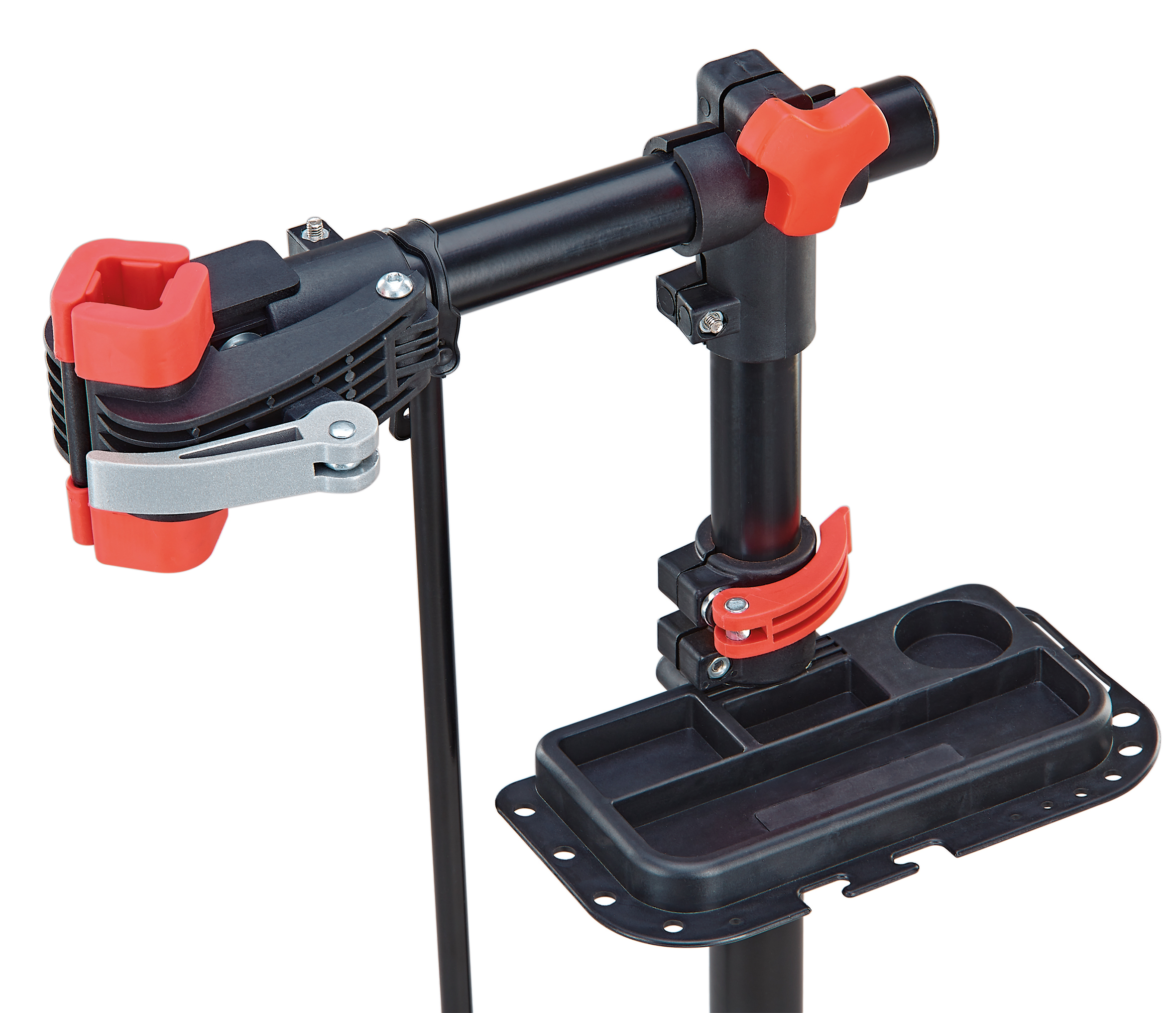 Ein schwarz-roter Fahrradreparaturständer mit Ablage. Mit Klemme, verstellbarem Arm und Ablage.