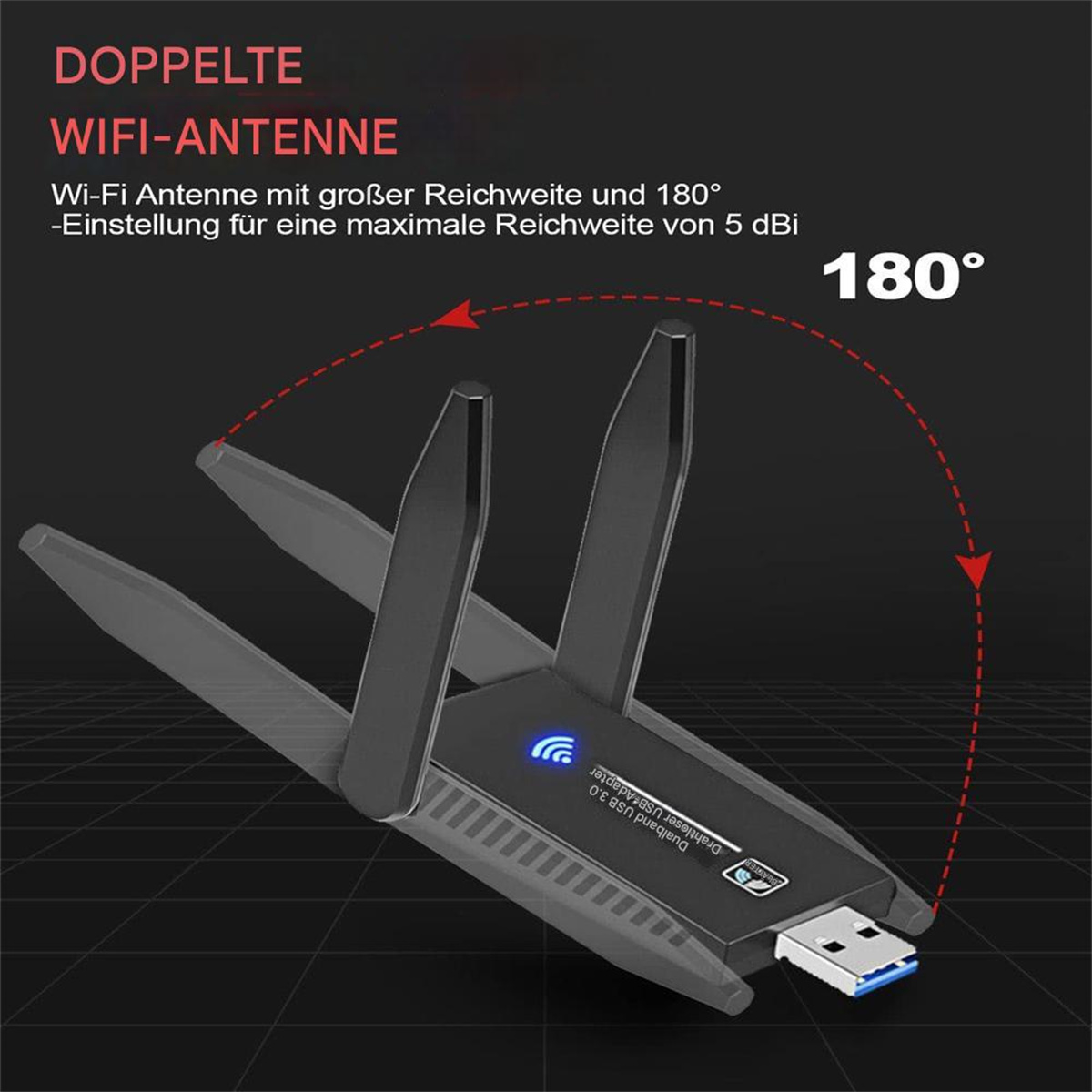 WLAN-Antenne mit USB-Anschluss. Dual-Antennen-Design. 180-Grad-Einstellung. Schwarz und Silber.