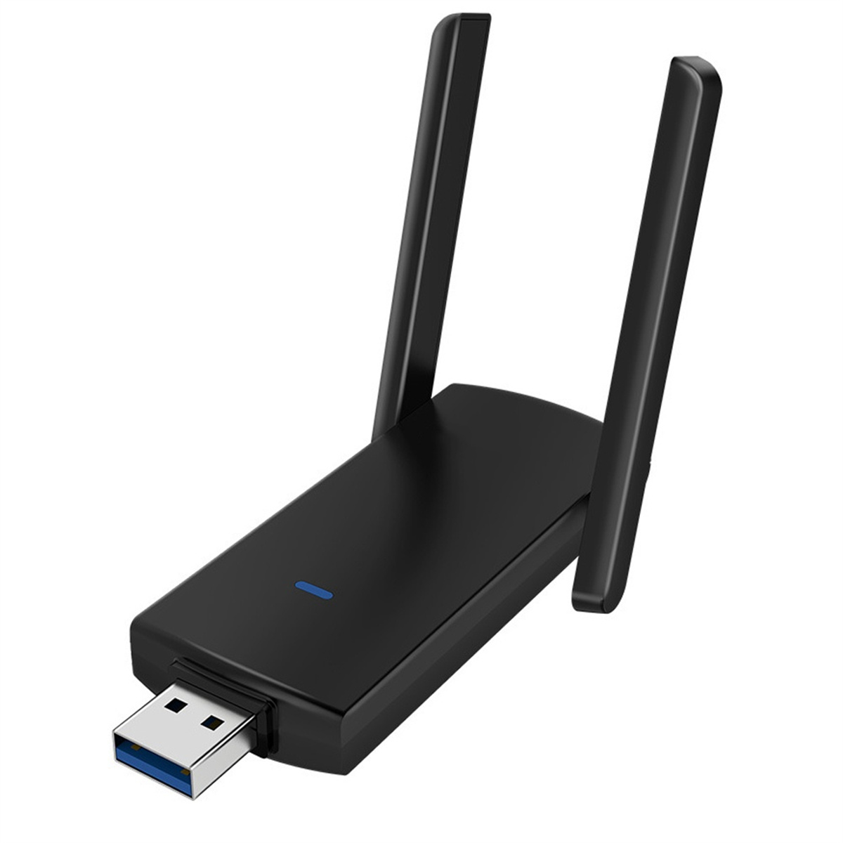 Schwarzer USB-WLAN-Adapter mit zwei Antennen.