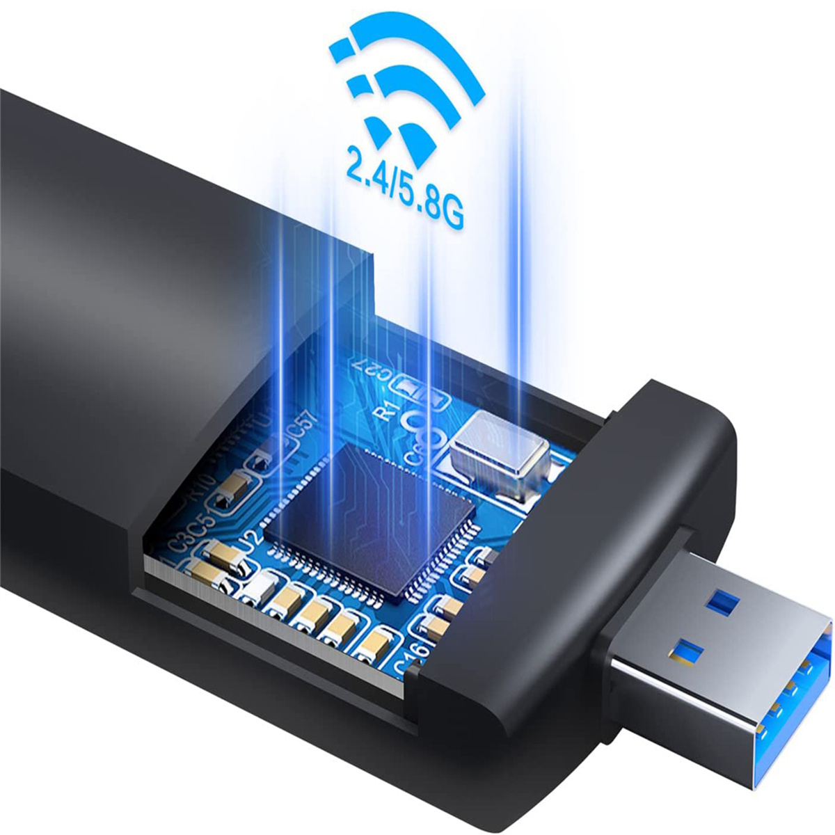 Ein USB-Adapter mit blauem USB-Anschluss und 2,4/5,8G WLAN-Signal.