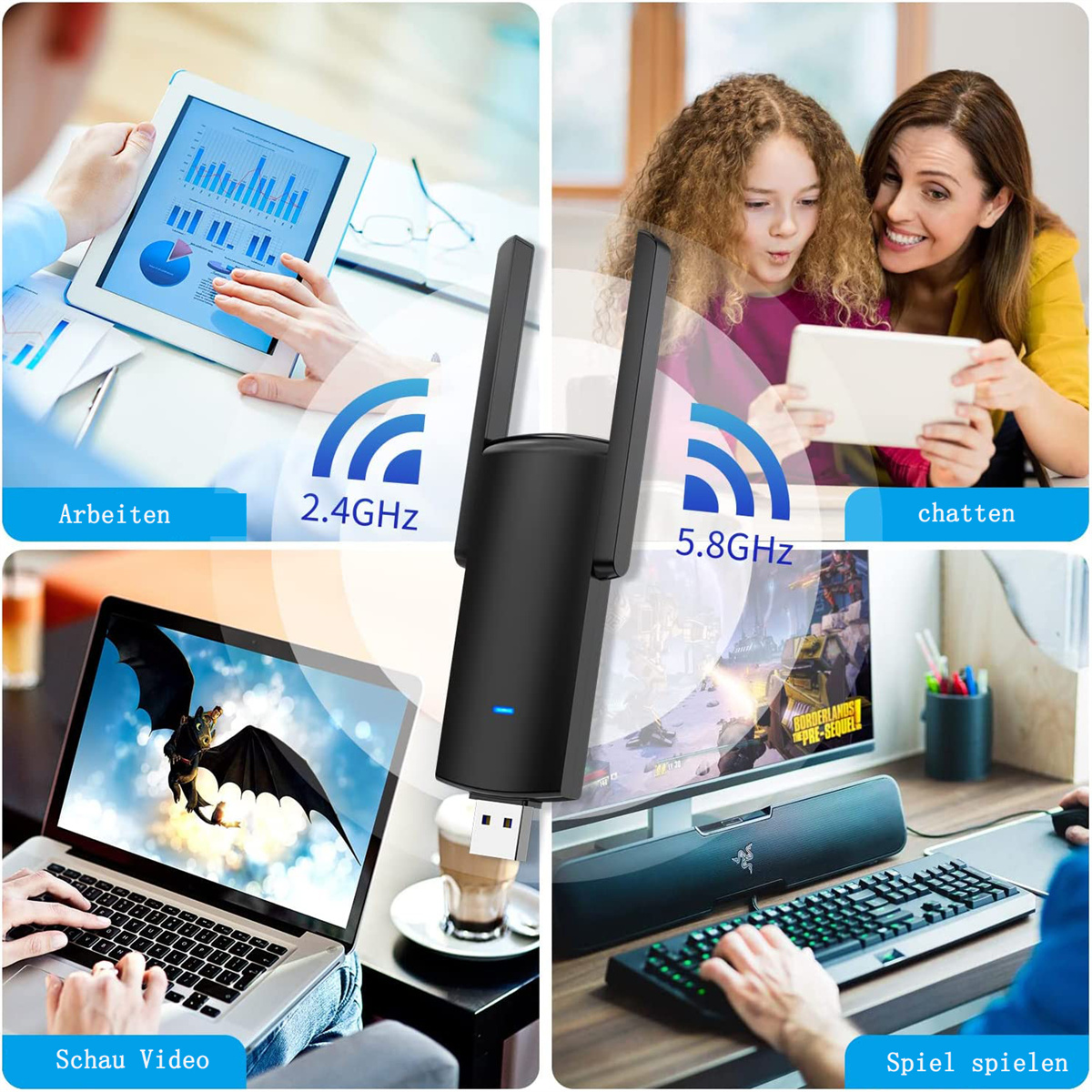 Ein schwarzer WLAN-Extender mit Antennen und Personen, die verschiedene Geräte benutzen. Der Hintergrund ist weiß.
