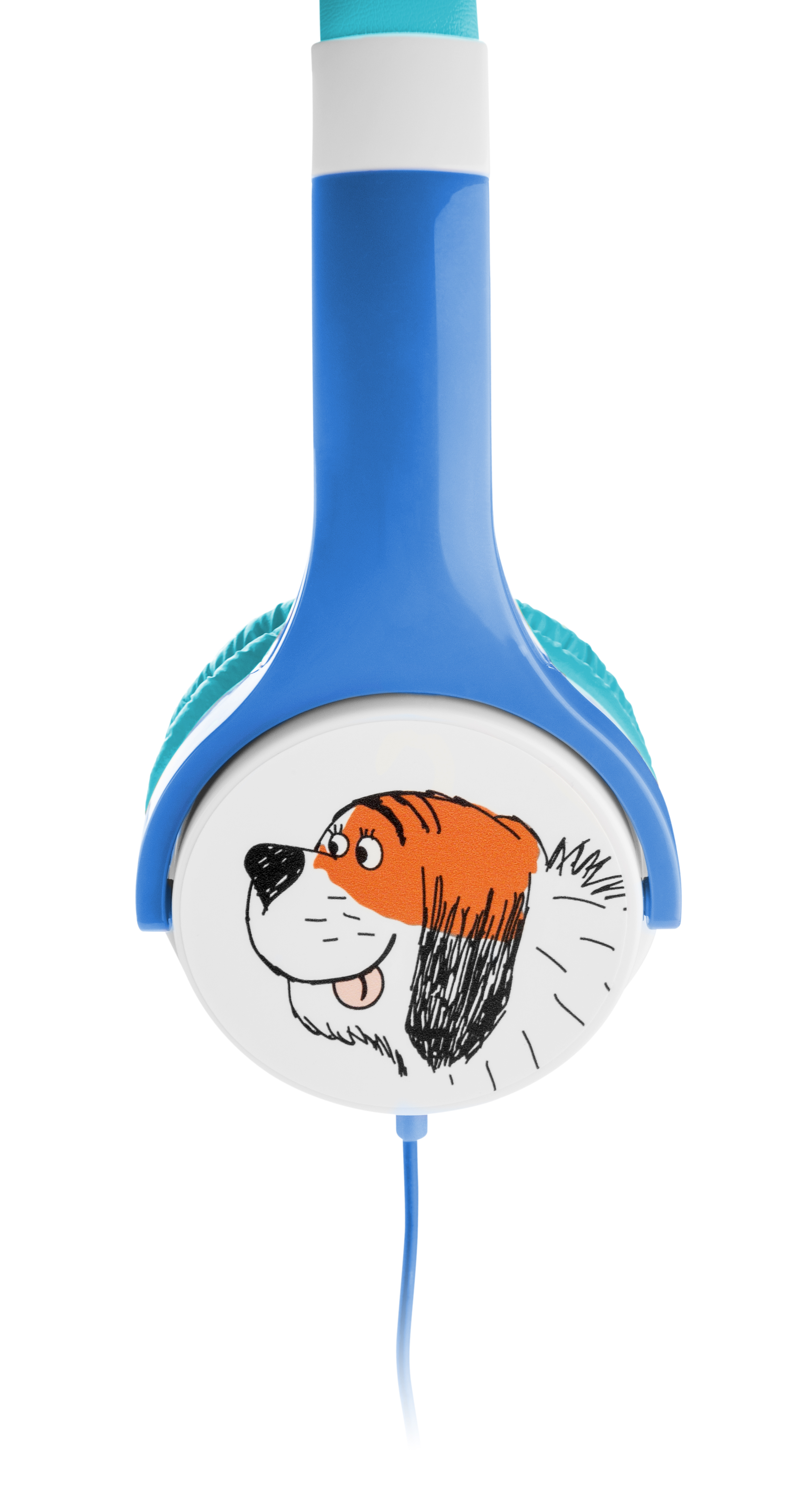 Cuffie blu con un cartone animato di un cane sul padiglione. Sfondo bianco.