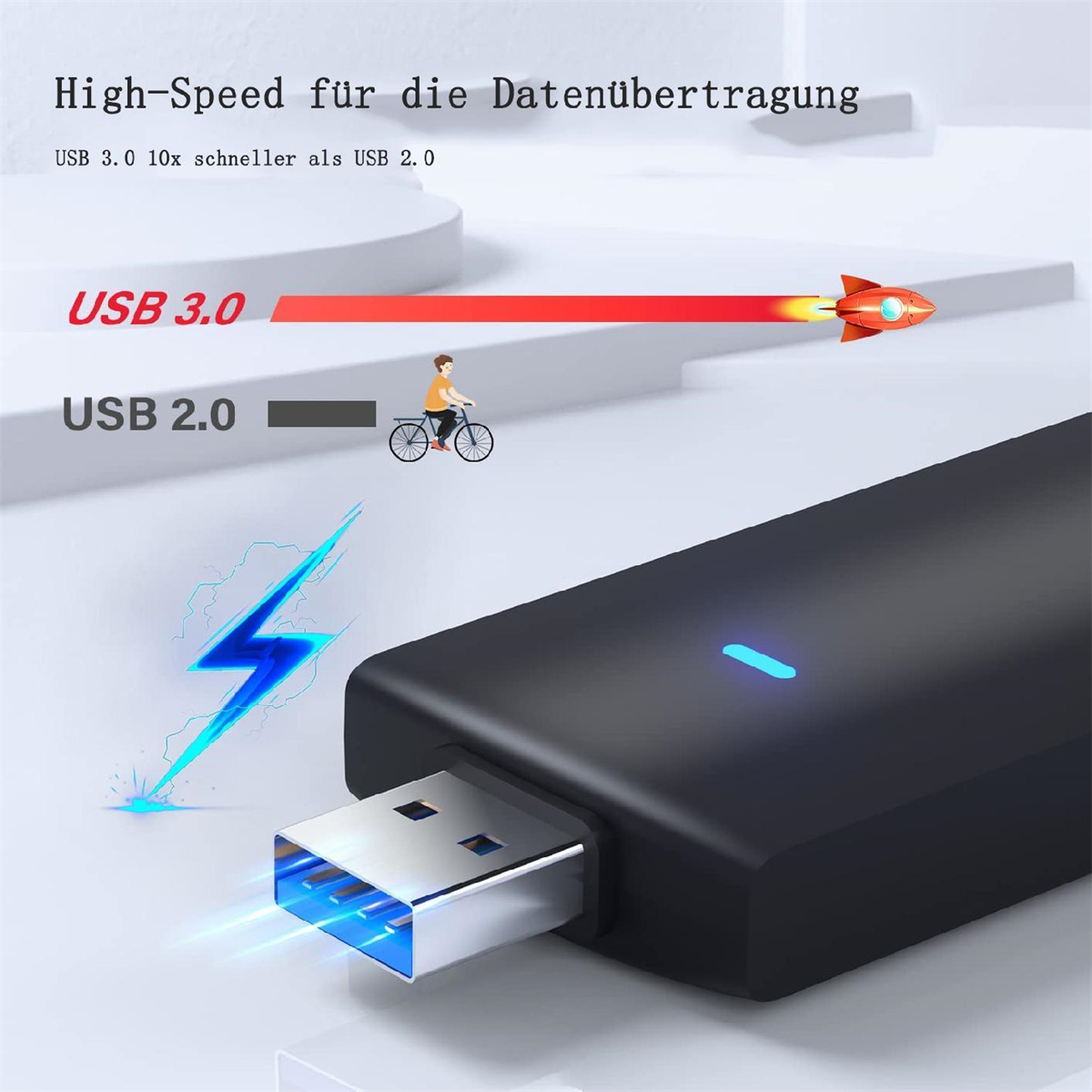 USB 3.0-Adapter mit Blitz- und Raketen-Symbolen, die eine schnelle Datenübertragung anzeigen.
