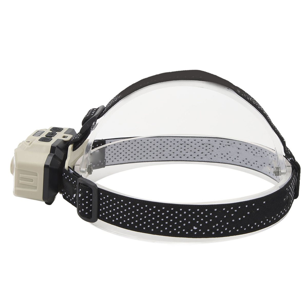 Stirnlampe mit schwarzem Riemen, beigem Licht und transparentem Visier.