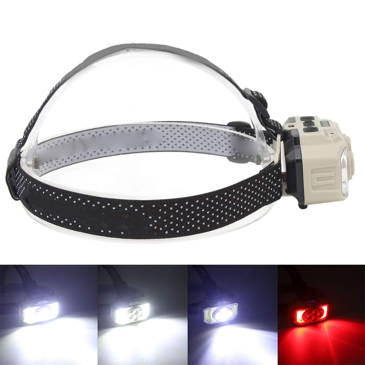 Eine Stirnlampe mit verschiedenen Lichteinstellungen. Sie hat ein weißes und schwarzes Band.