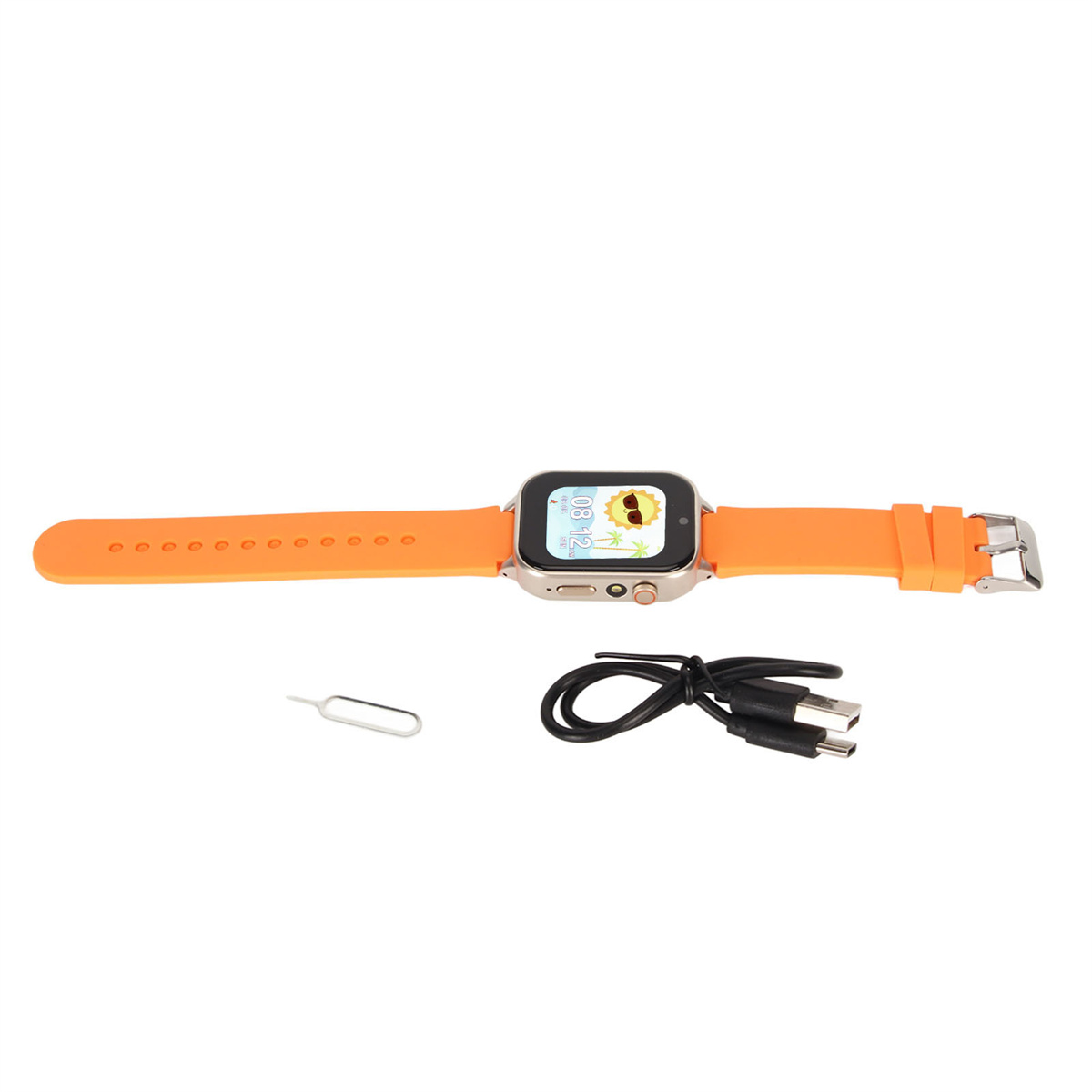 Eine orangefarbene Smartwatch mit orangefarbenem Armband, Ladekabel und SIM-Auswurfwerkzeug.