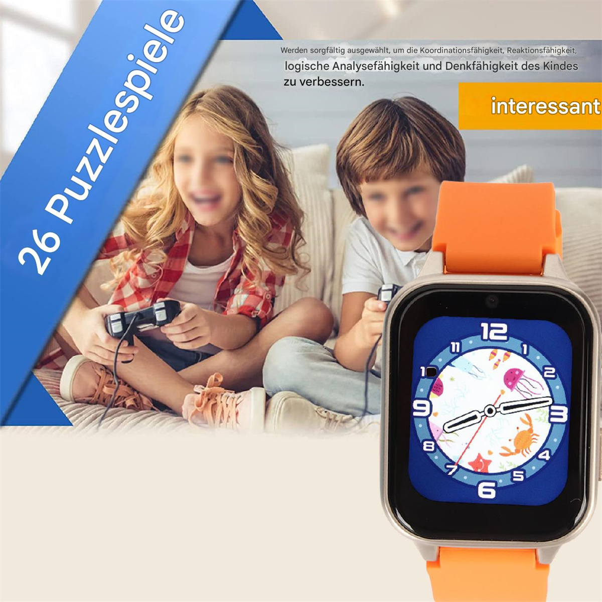 Eine Smartwatch mit orangefarbenem Armband steht im Fokus. Im Hintergrund sind zwei Kinder verschwommen, die Videospiele spielen.