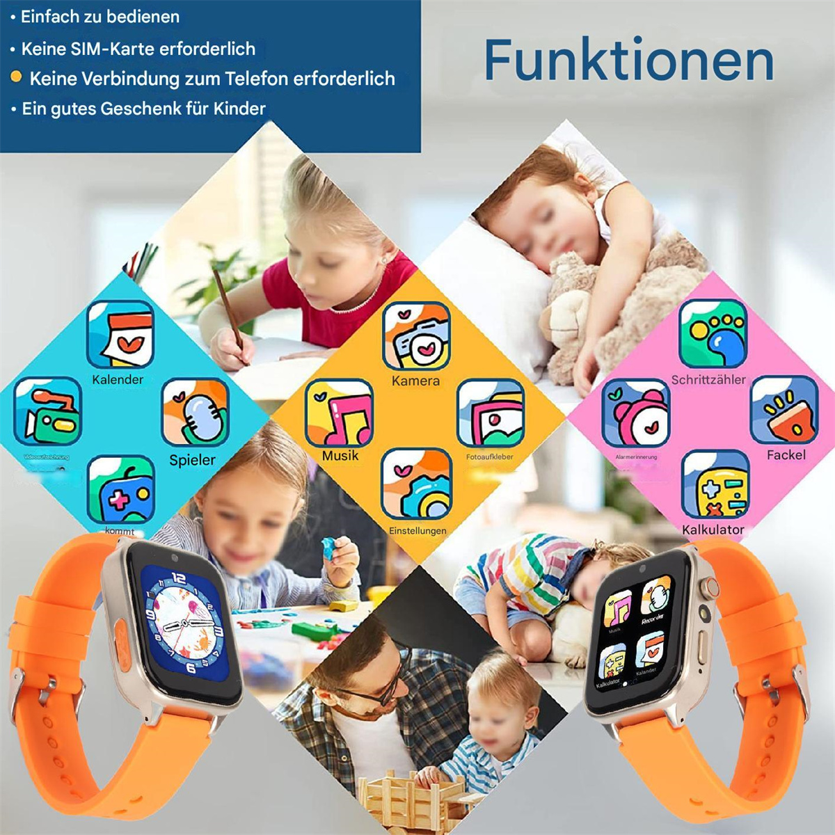 Kinder-Smartwatches mit orangefarbenen Armbändern, die verschiedene App-Symbole zeigen.