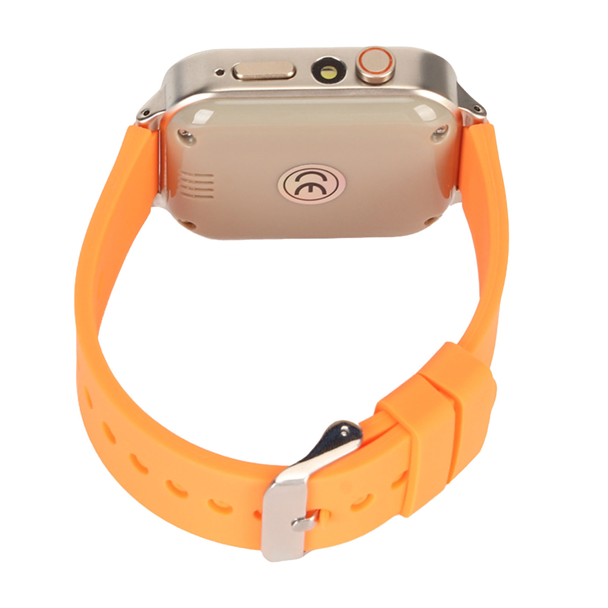 Orangefarbene Smartwatch mit Armband. Rückseite der Uhr mit Knöpfen.