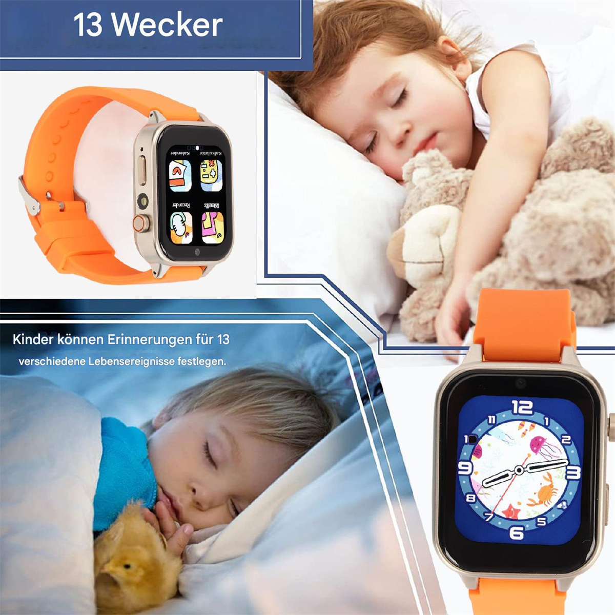 Kind schläft mit Stofftier, und Uhr mit orangefarbenem Armband und Digitalanzeige.
