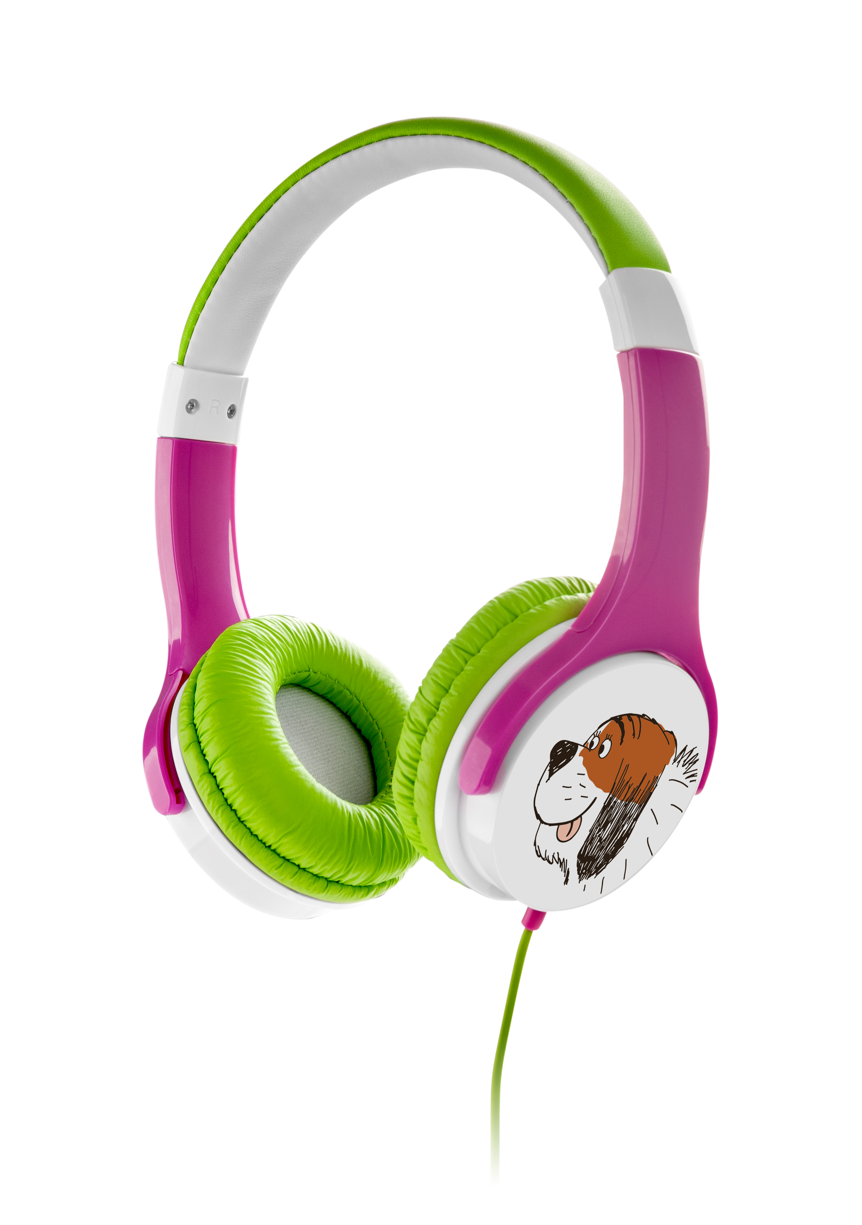 Cuffie per bambini rosa e verdi con immagine di cane dei cartoni animati e cavo verde.