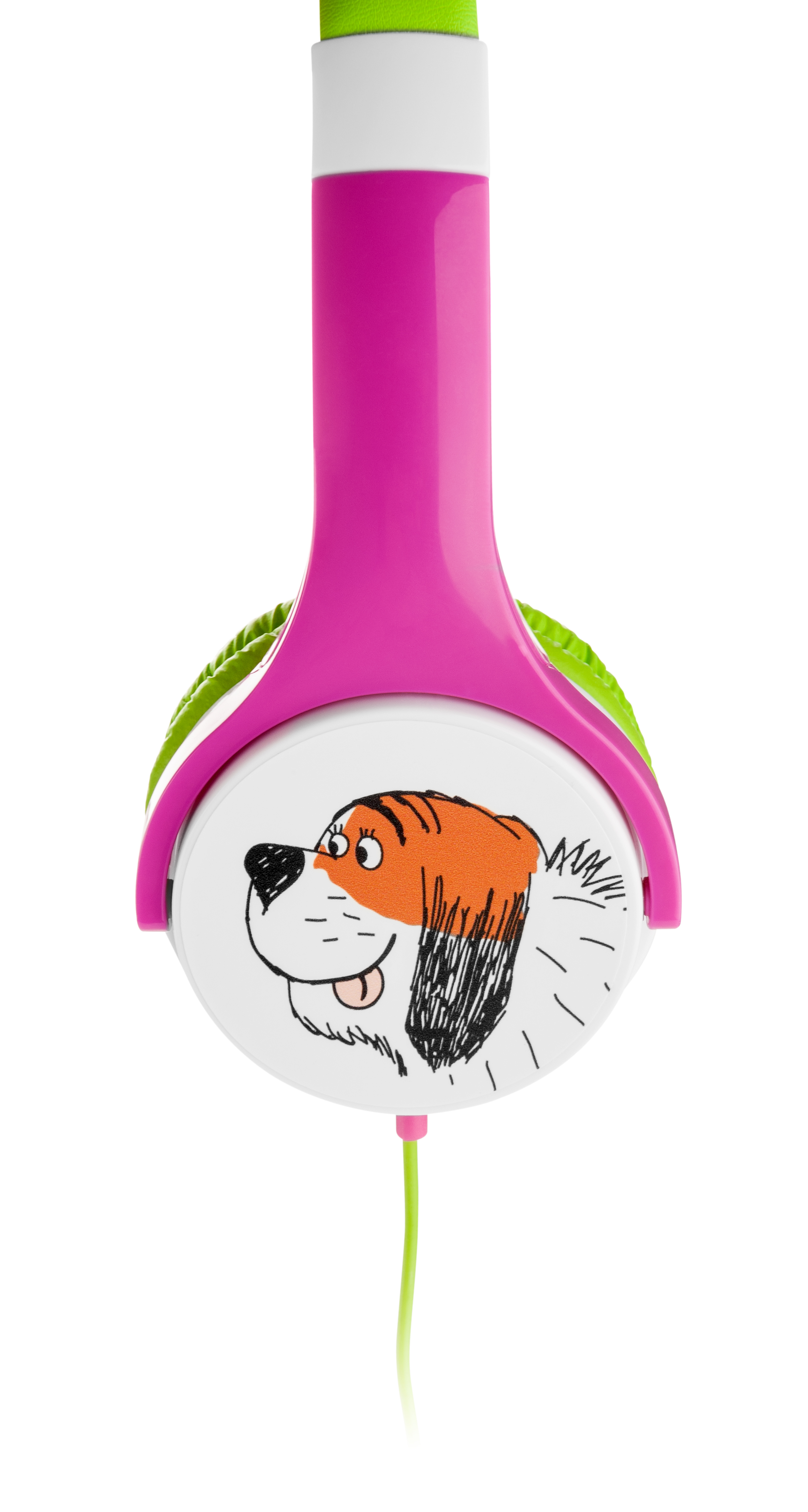Cuffie per bambini rosa e verdi con illustrazione di un cane a cartoni animati.