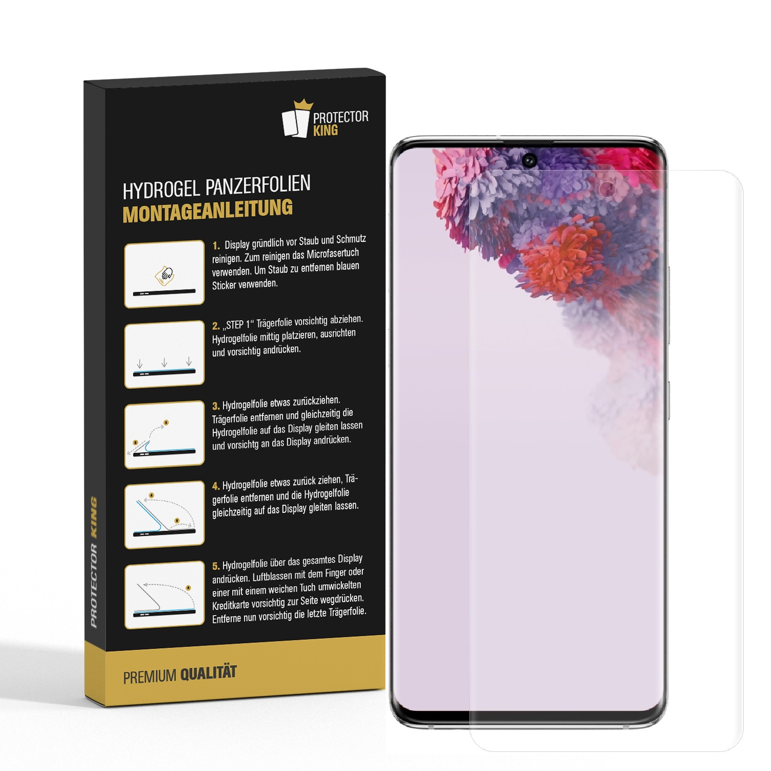Installationskit für Displayschutzfolie mit Telefon und Anweisungen.