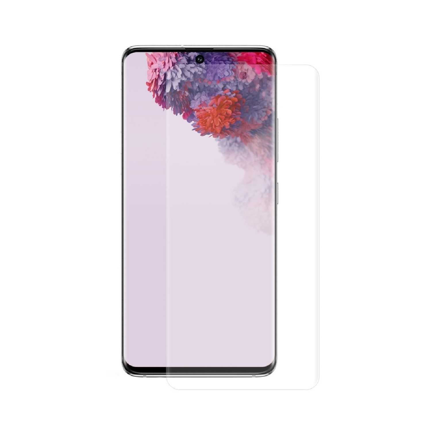 Ein Smartphone mit Displayschutzfolie, die einen farbenfrohen Hintergrund zeigt. Das Telefon ist schwarz.