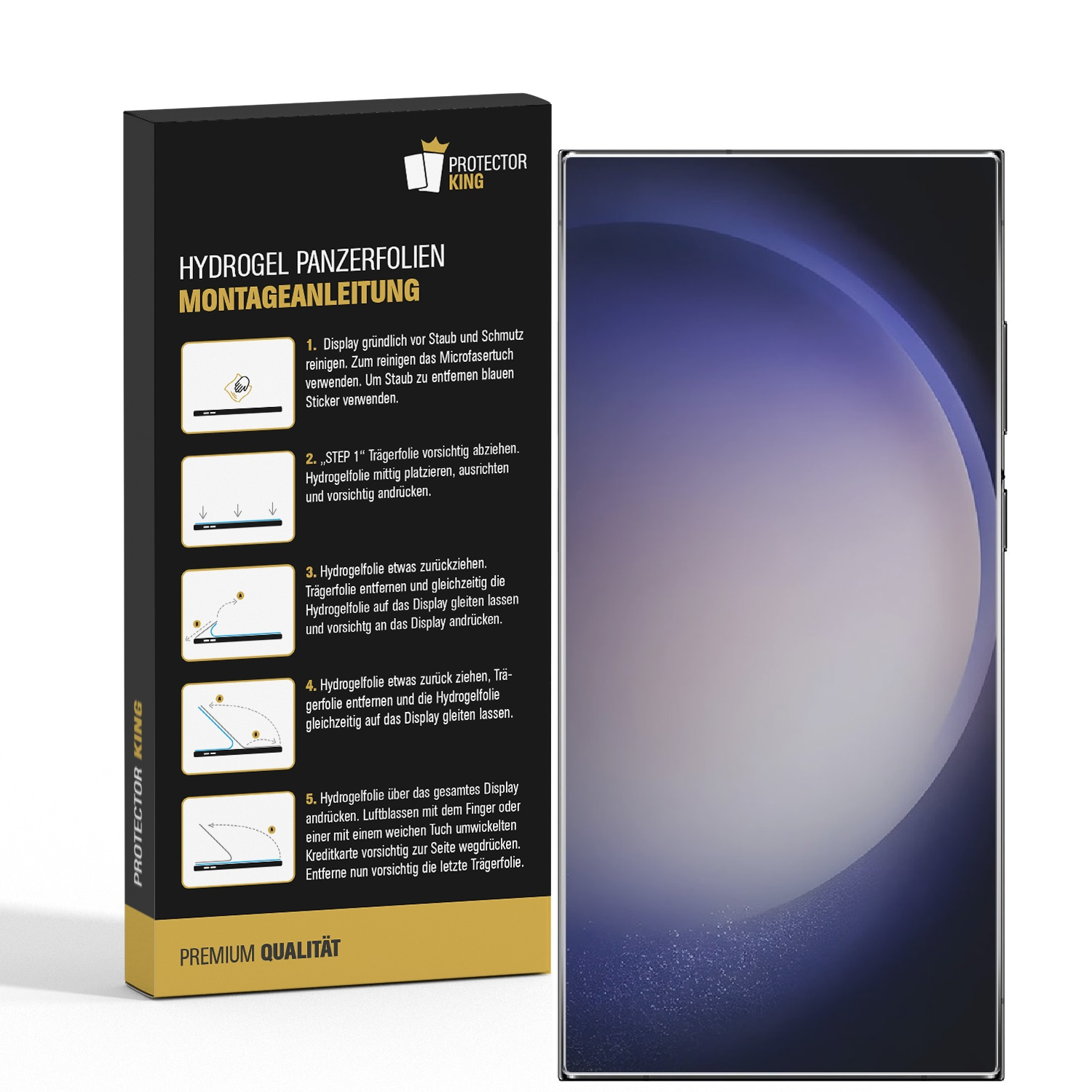 Protector King Displayschutzfolien-Box mit Telefon und gezeigten Installationsschritten.