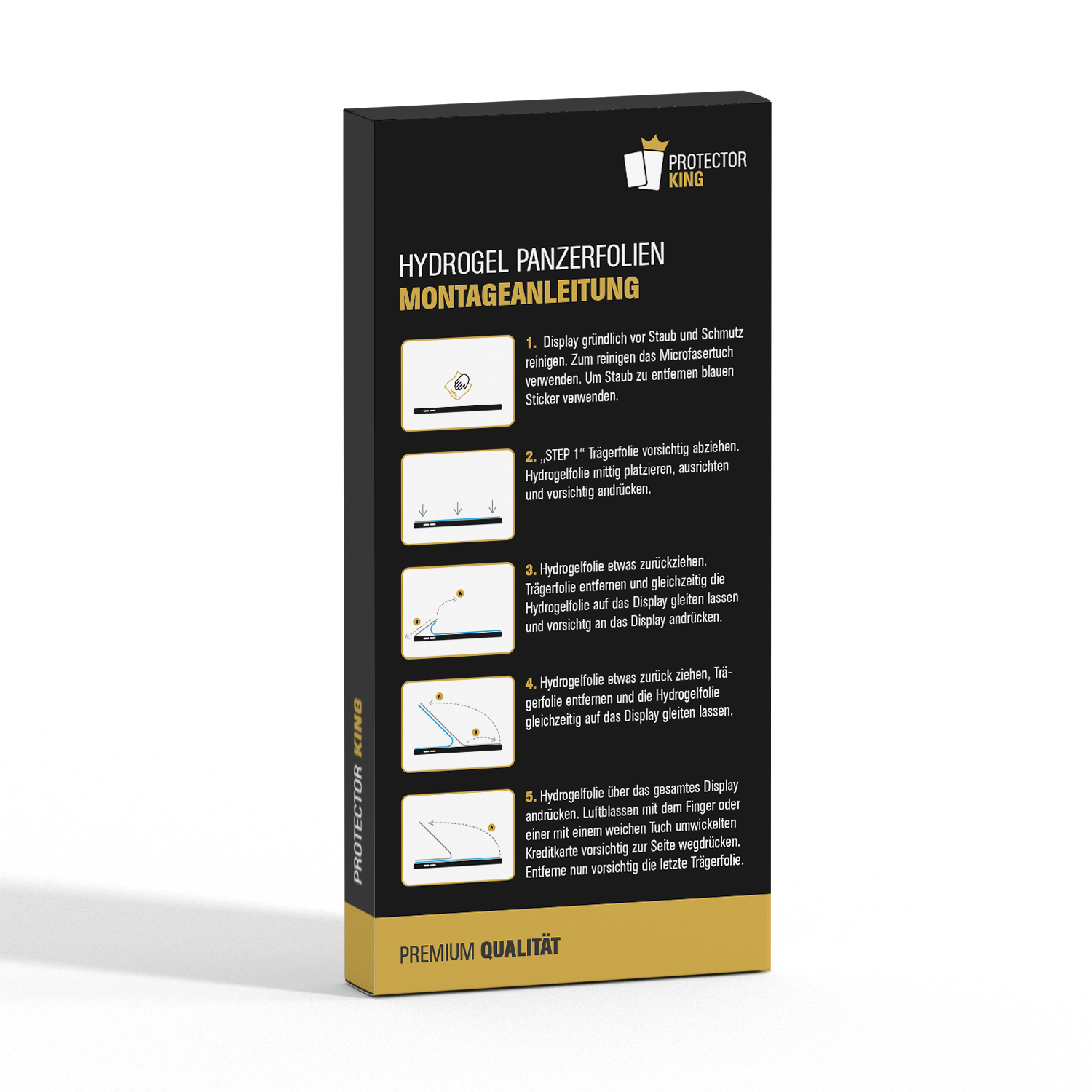 Schachtel mit Installationsschritten für Displayschutz, Diagrammen und schwarzem Hintergrund.