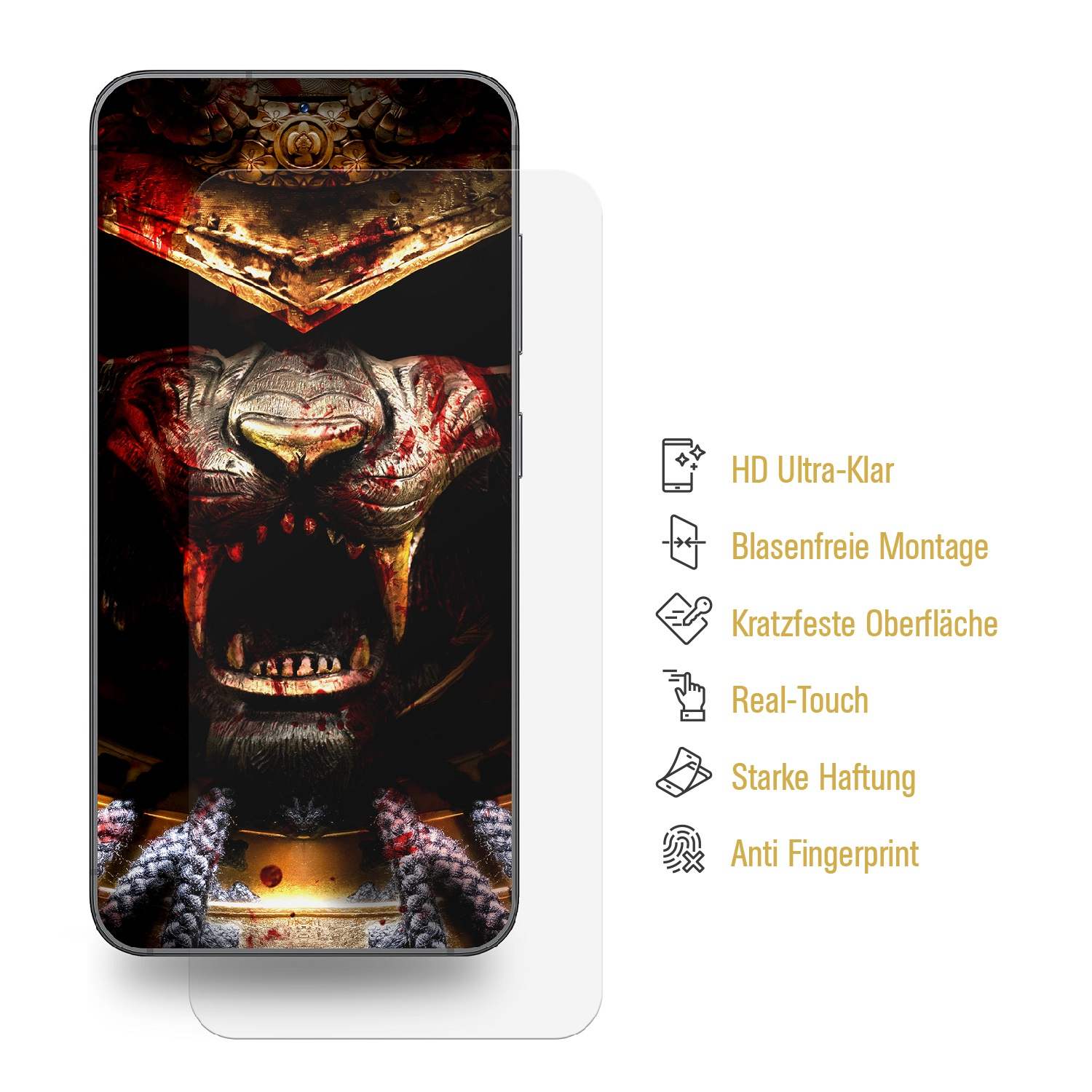 Displayschutzfolie für das Telefon. Telefonbildschirm mit Monstergesicht. Text: HD Ultra-Clear, Anti-Fingerprint.