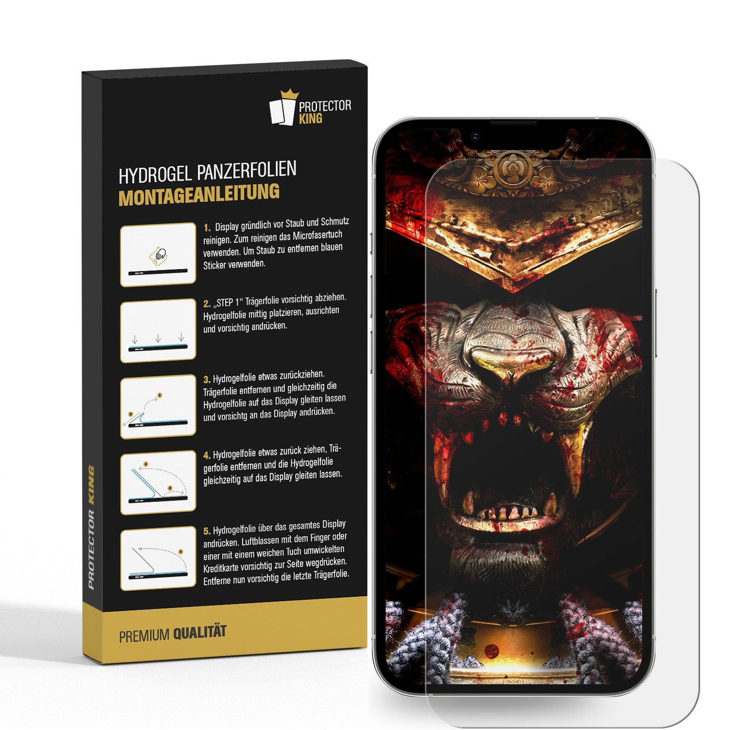 Box und Telefon mit angebrachtem Displayschutz, Design und Installationsschritten.
