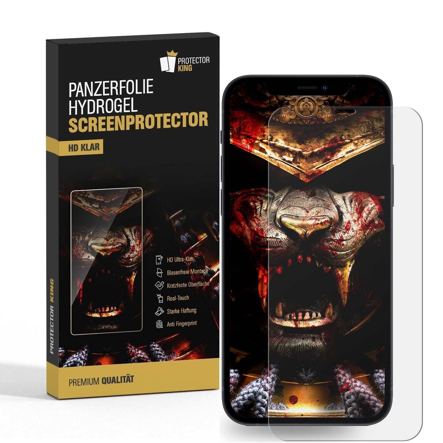 Eine Displayschutzfolienbox neben einem Telefon mit installiertem Displayschutz. Das Telefon zeigt ein Monster.